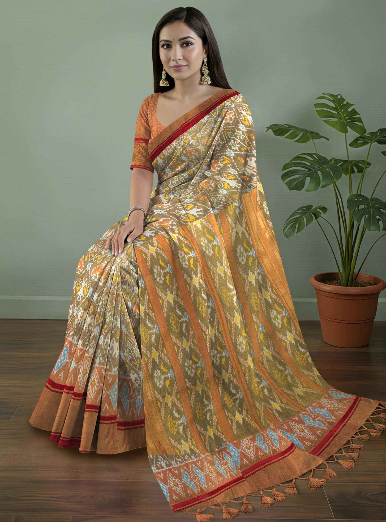Pure Pochampally Silk Saree in Brown with Gold Zari Sparkle & Orange Ikat Pallu