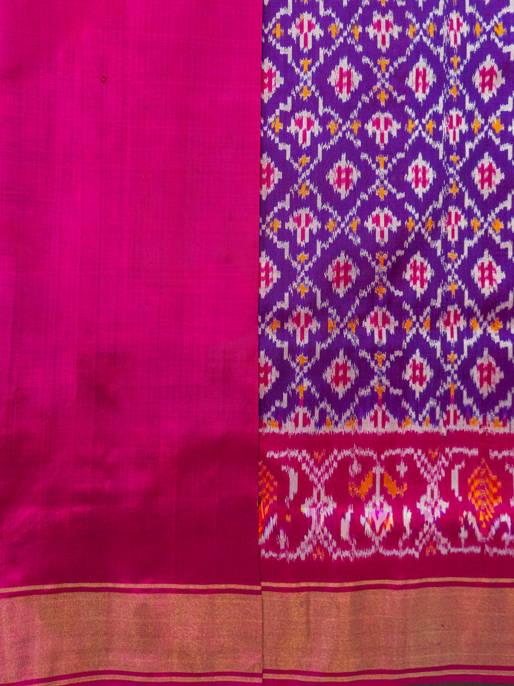 Pure Pochampally Double Ikat Silk Saree in Purple with Pink Ikat Border & Zari