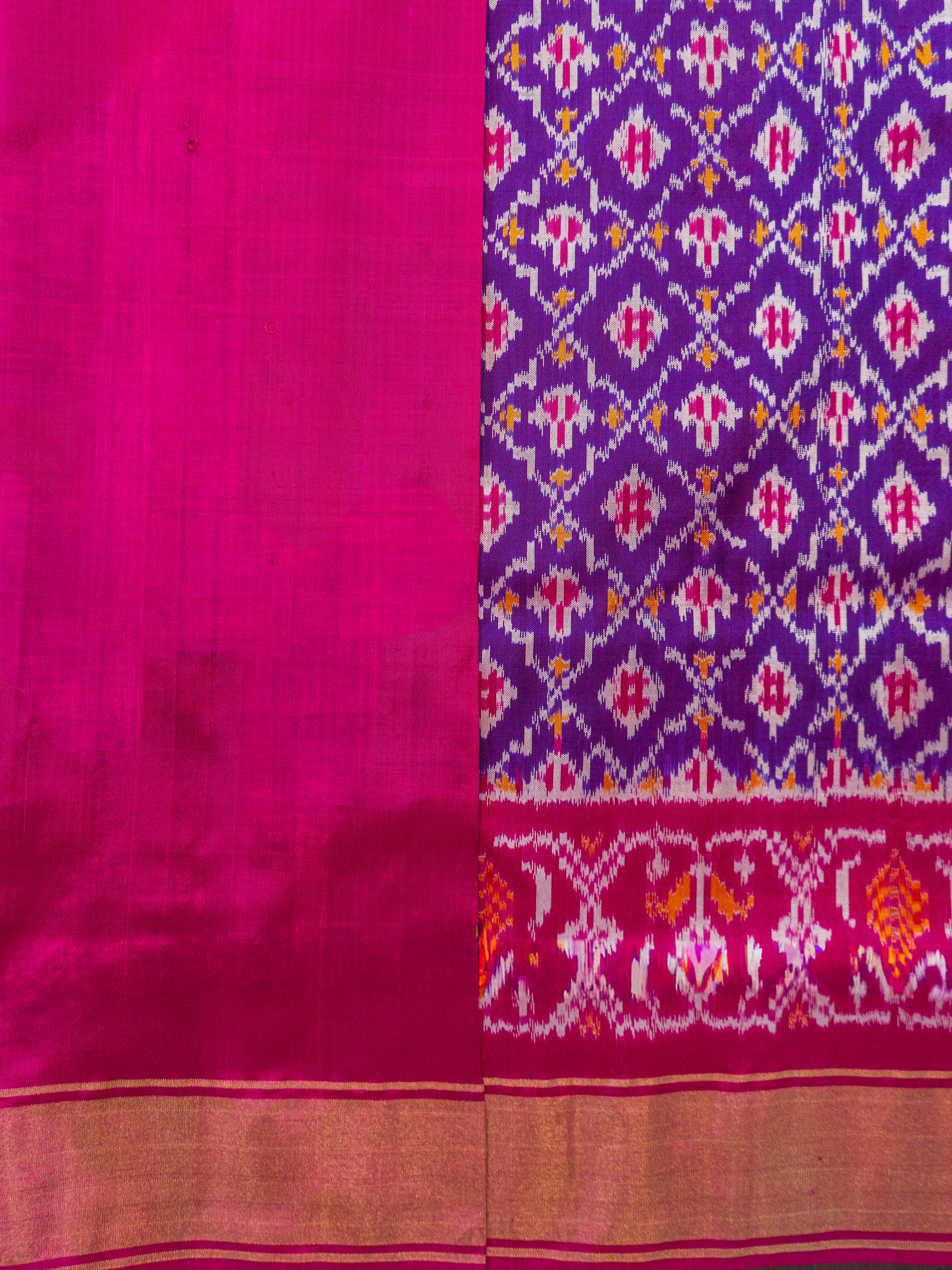 Pure Pochampally Double Ikat Silk Saree in Purple with Pink Ikat Border & Zari