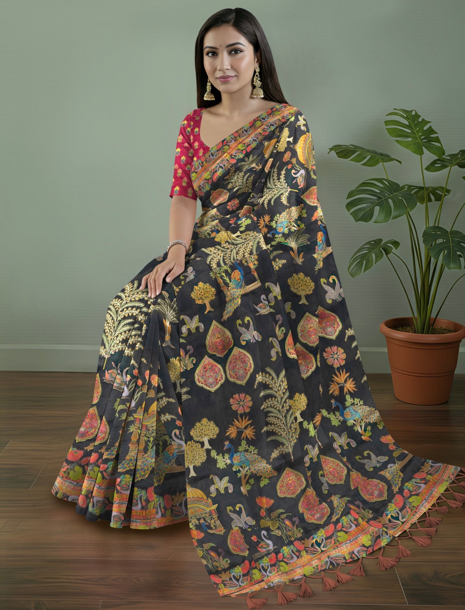 Pure Rajwada Silk Saree in Black with Animal Weaving & Red Contrast Blouse