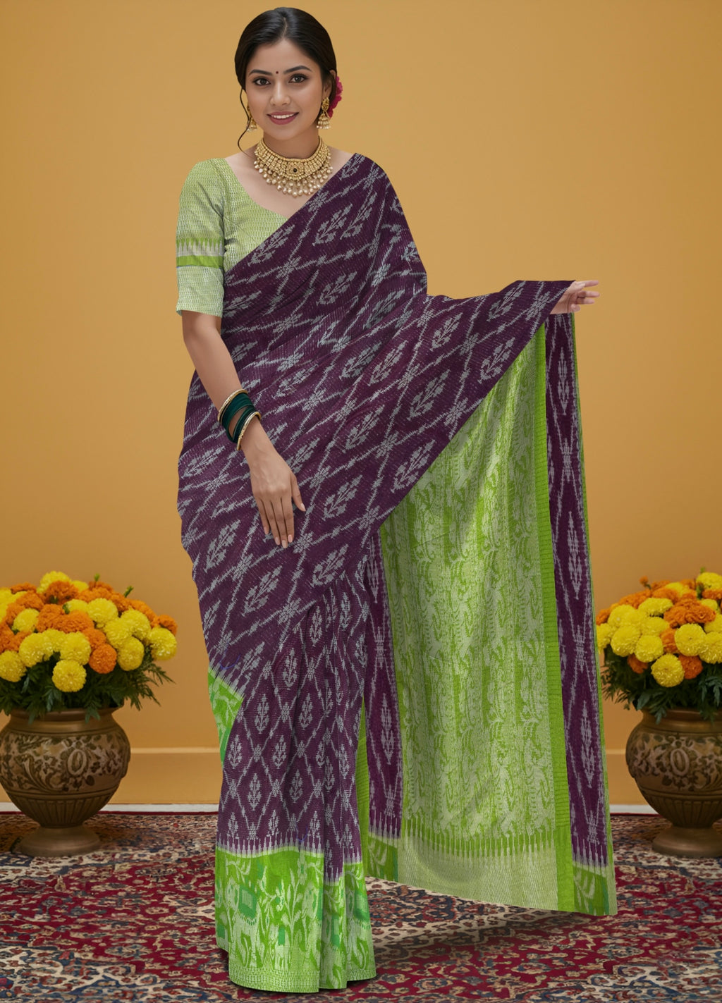Chocolaty Pochampally weaving silk saree with designer pallu and blouse