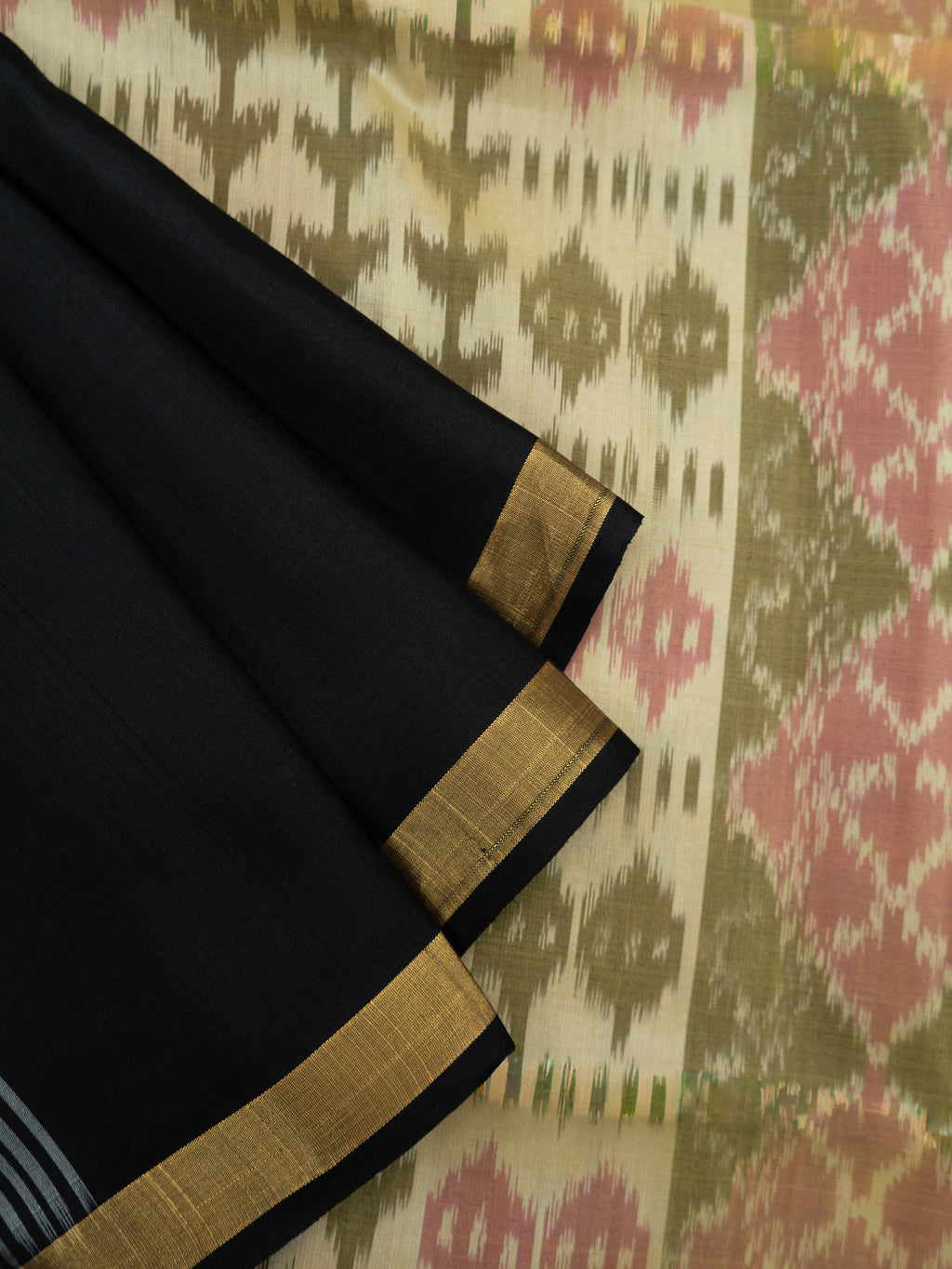 Pure Pochampally Double Ikat Silk Saree in Cream Beige with Multicolour Ikat pattern on Black Pallu