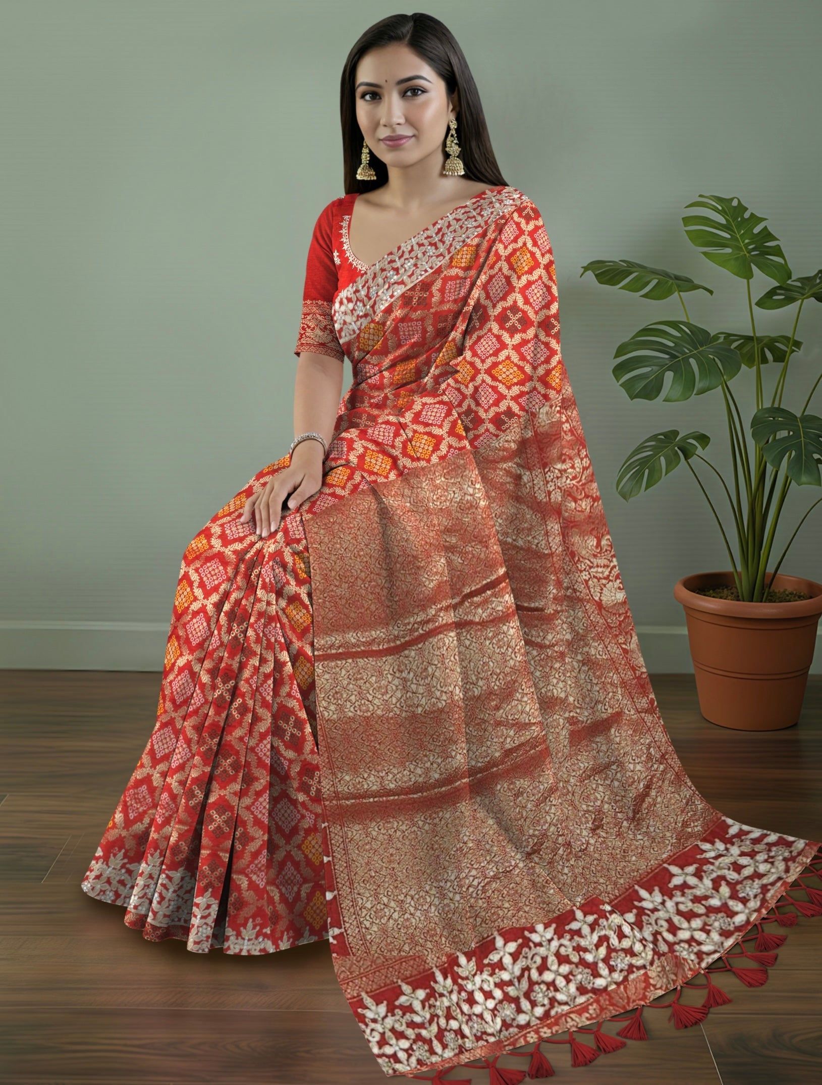 Pure Rajwada Silk Saree in Deep Red with Bandhej Weaving & Silver Zari Border