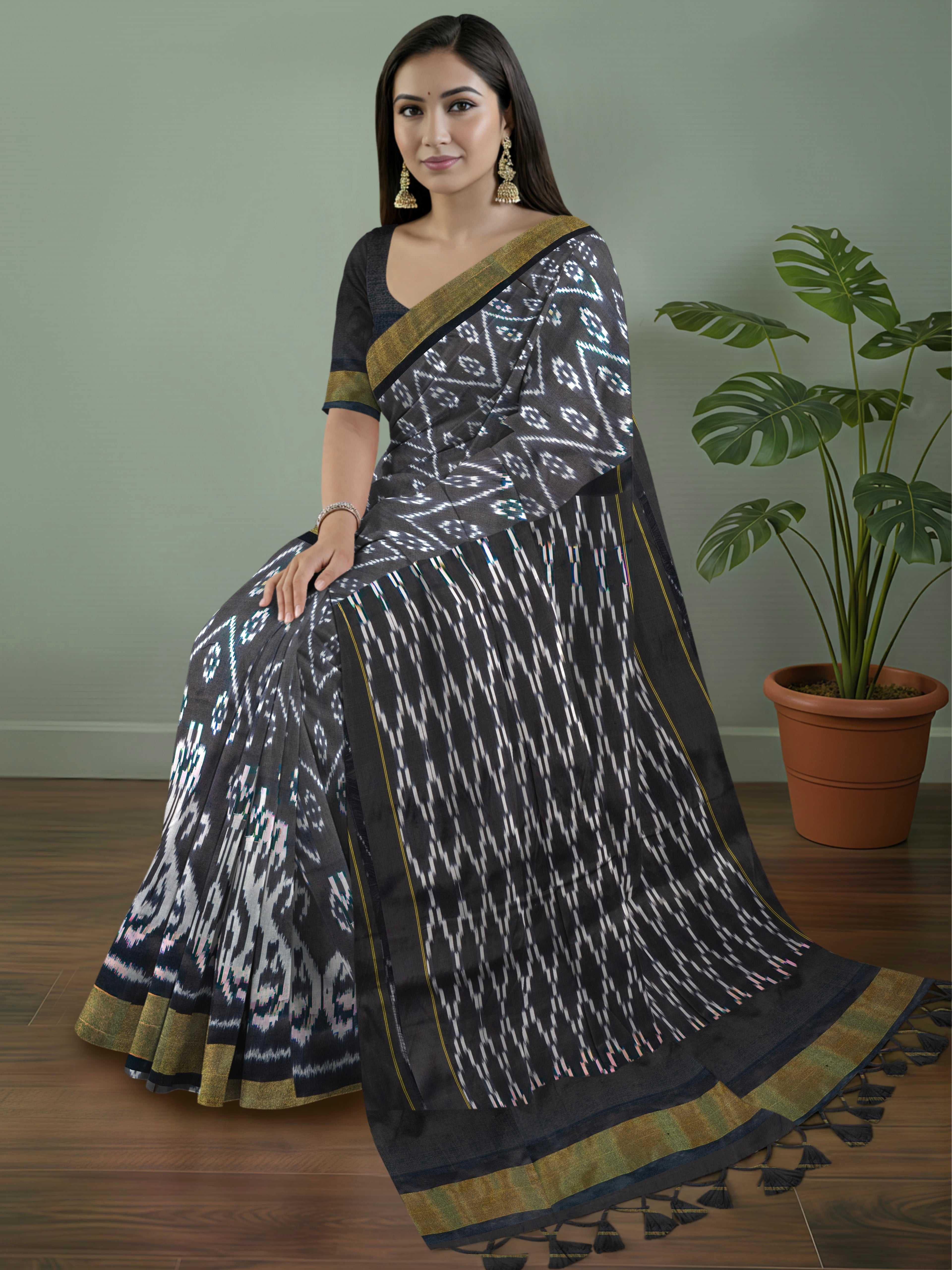 Pure Pochampally Black Silk Saree with Ikat Weaving & Golden Zari