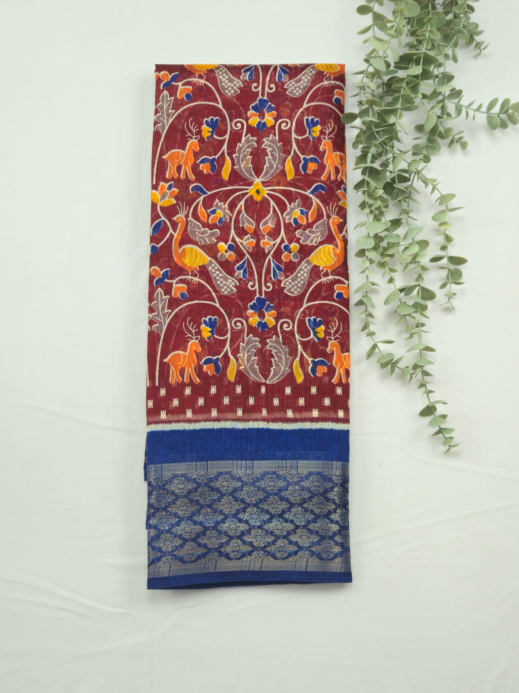 Pochampally Pichwai Red Animal print silk saree with blouse