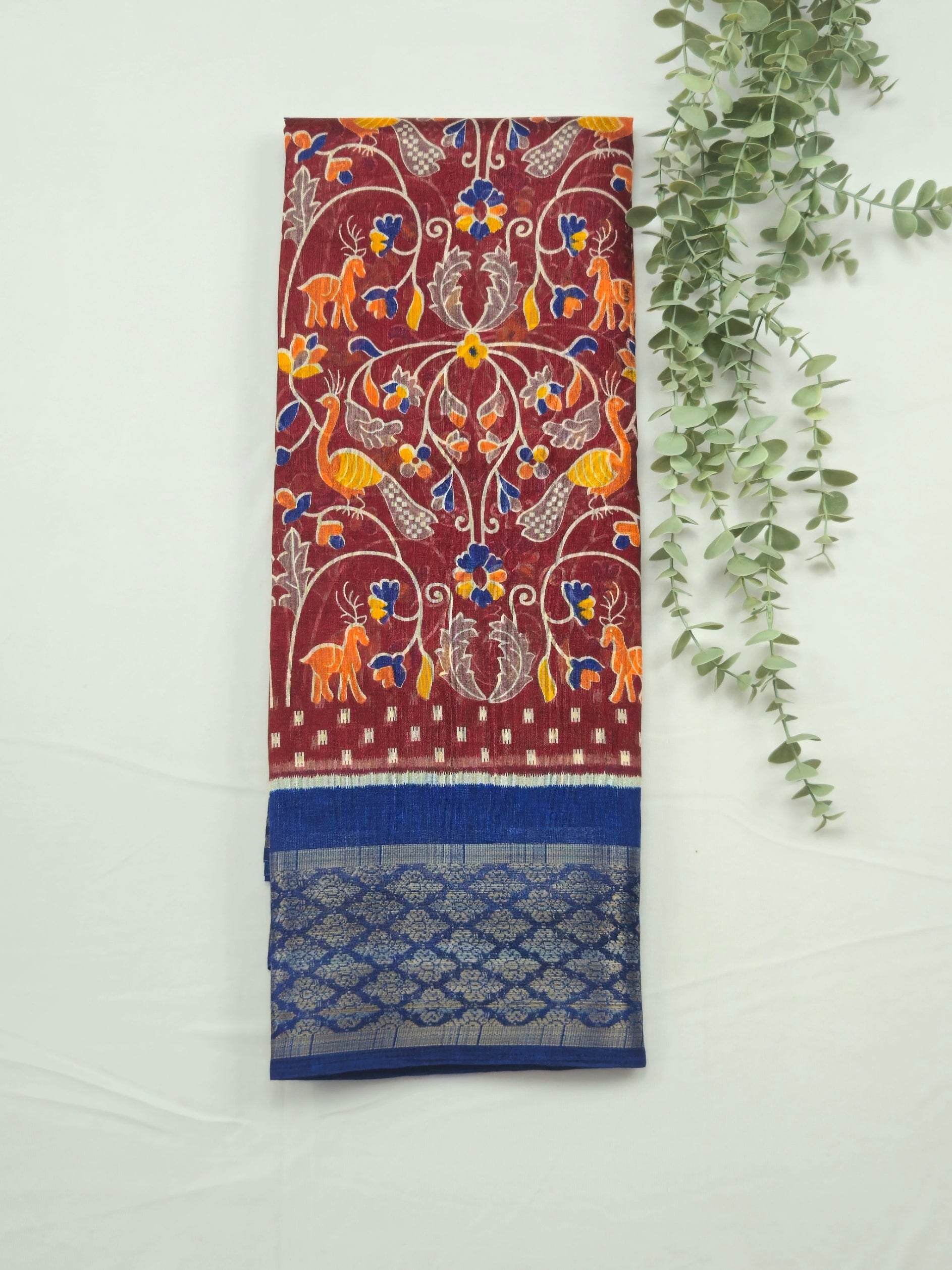 Pochampally Pichwai Red Animal print silk saree with blouse