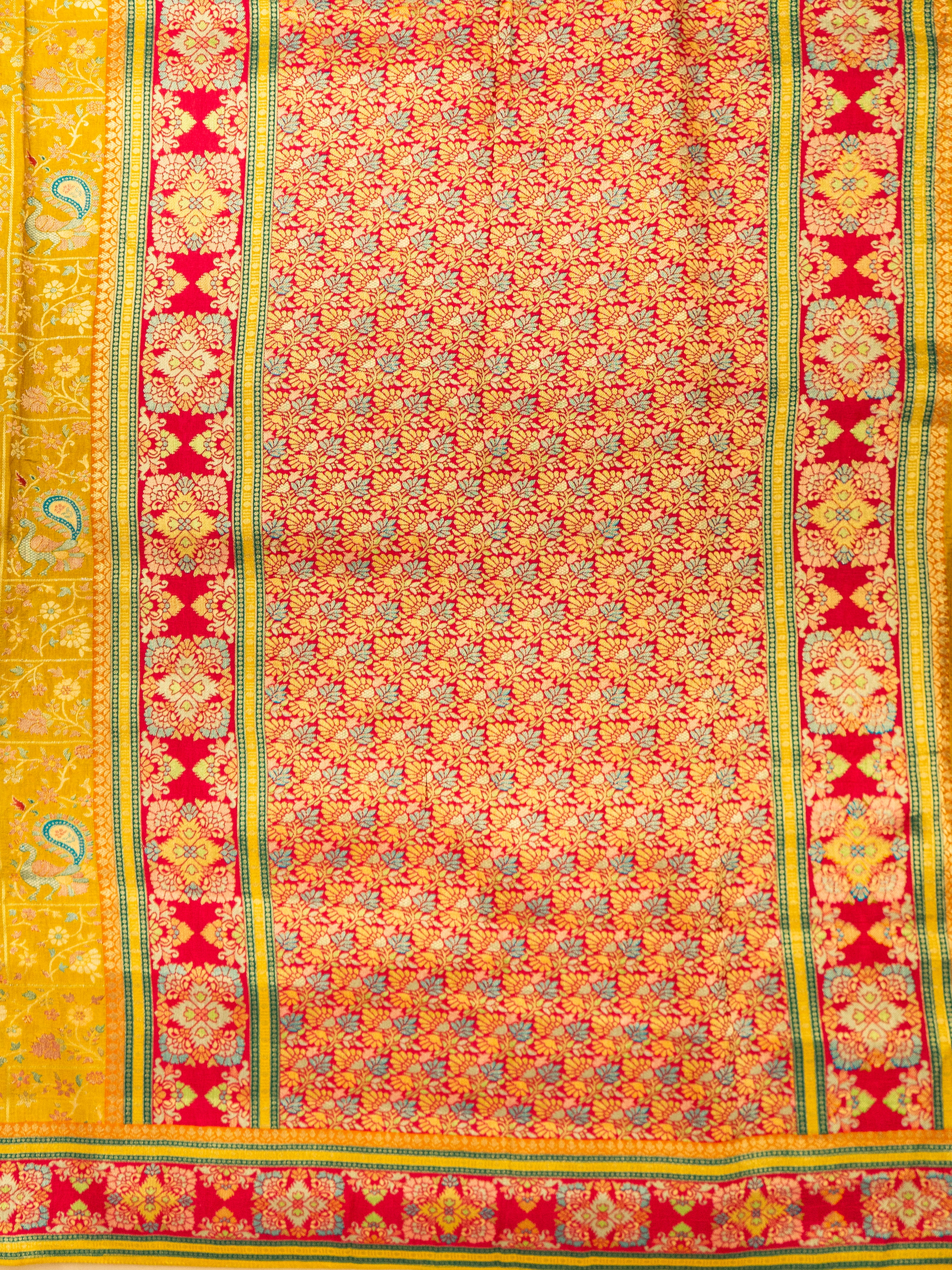 Pure Rajwada Silk Saree in Mustard Yellow with Red Contrast Border & Intricate Pallu