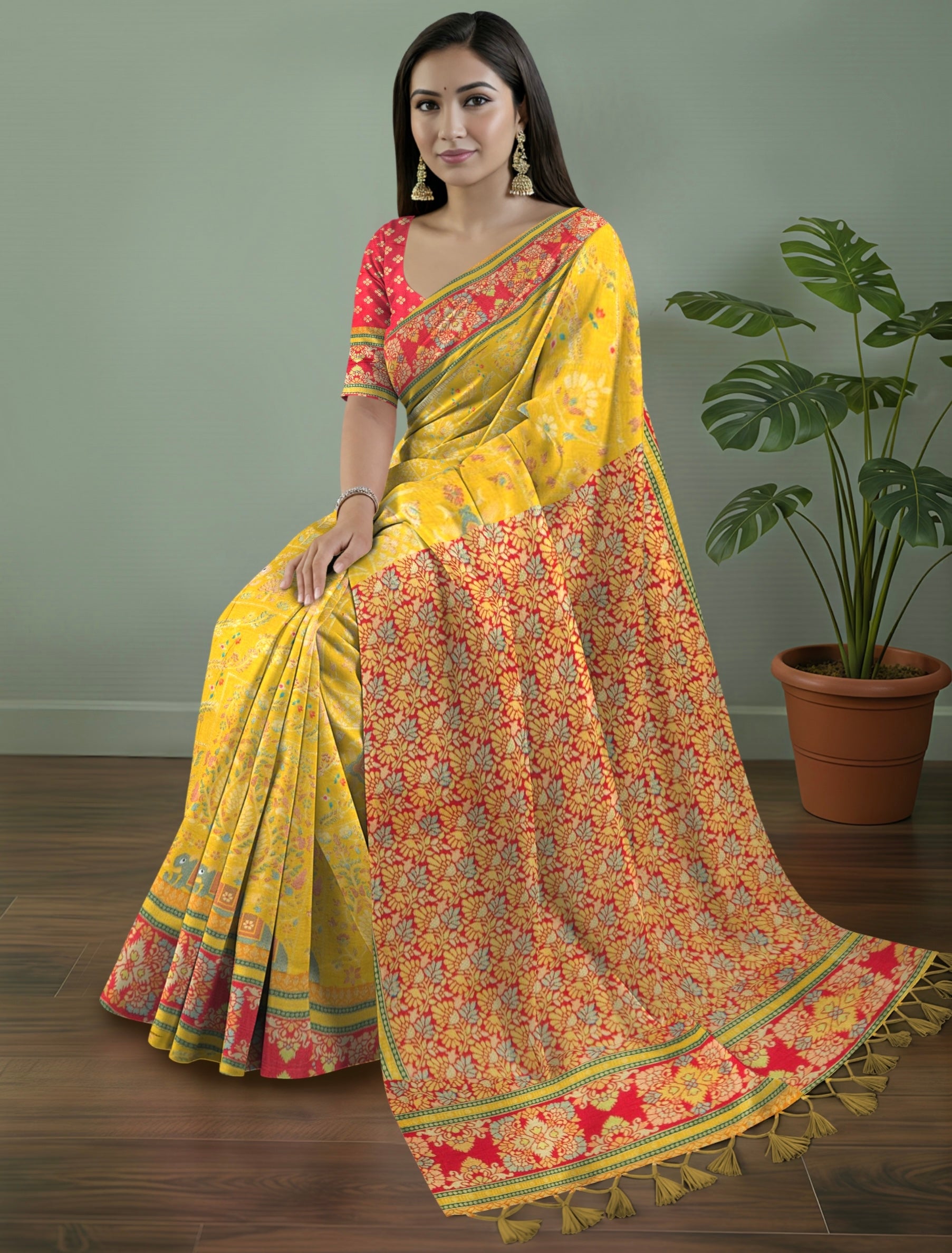 Pure Rajwada Silk Saree in Mustard Yellow with Red Contrast Border & Intricate Pallu