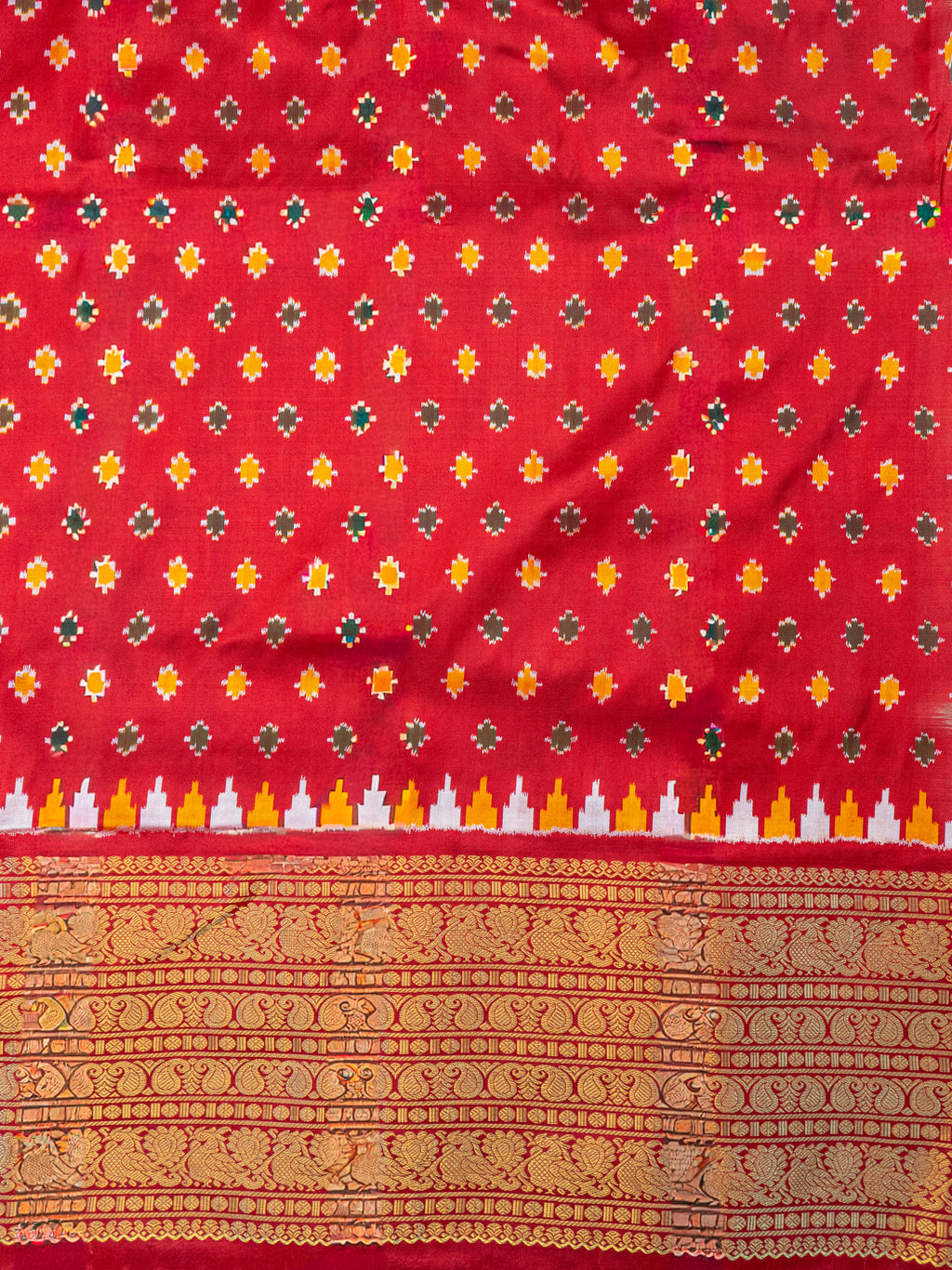 Signature Kanchipuram Pochampally Double Ikat Silk Saree in White with Red Zari Pallu