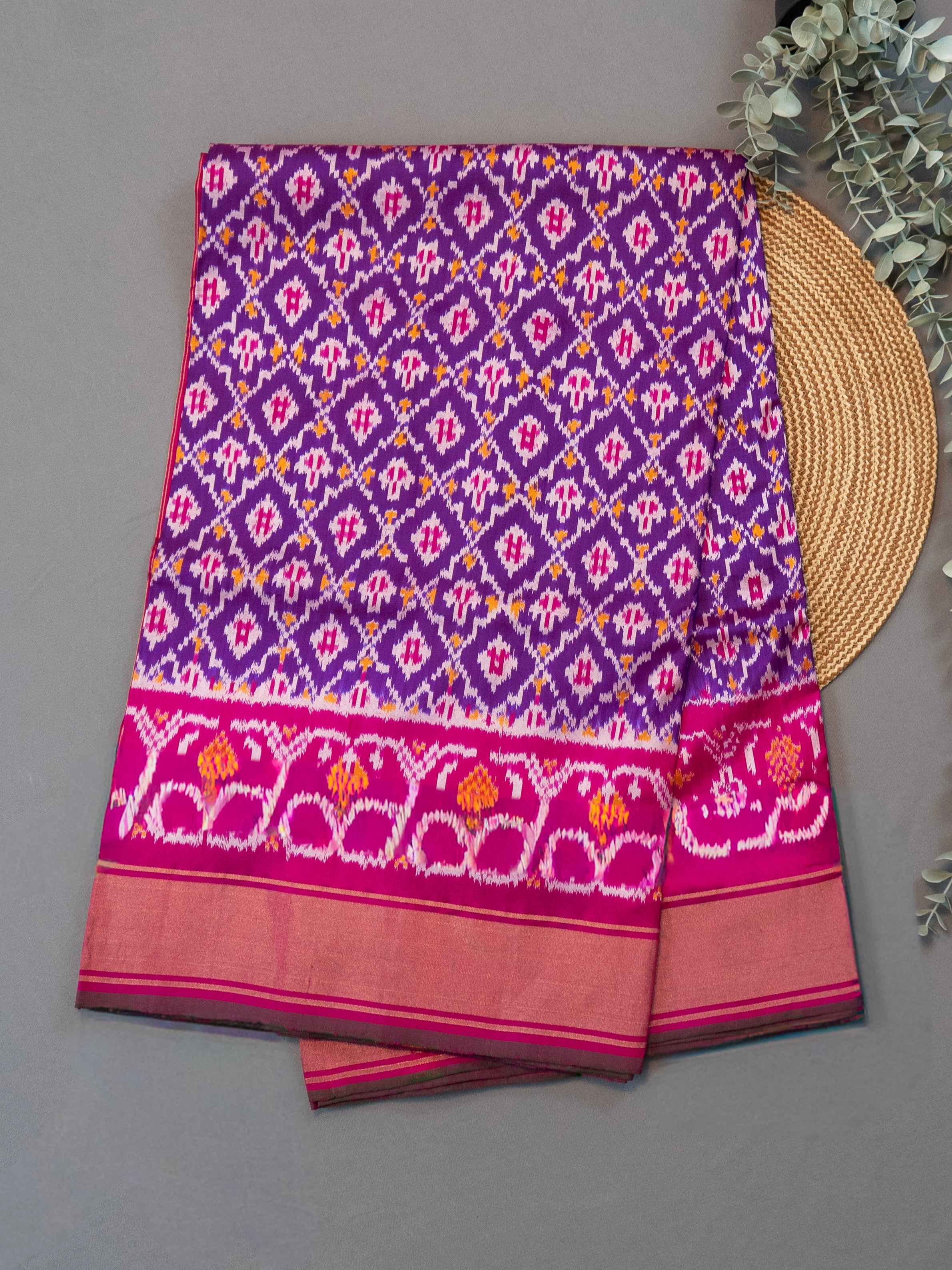 Pure Pochampally Double Ikat Silk Saree in Purple with Pink Ikat Border & Zari