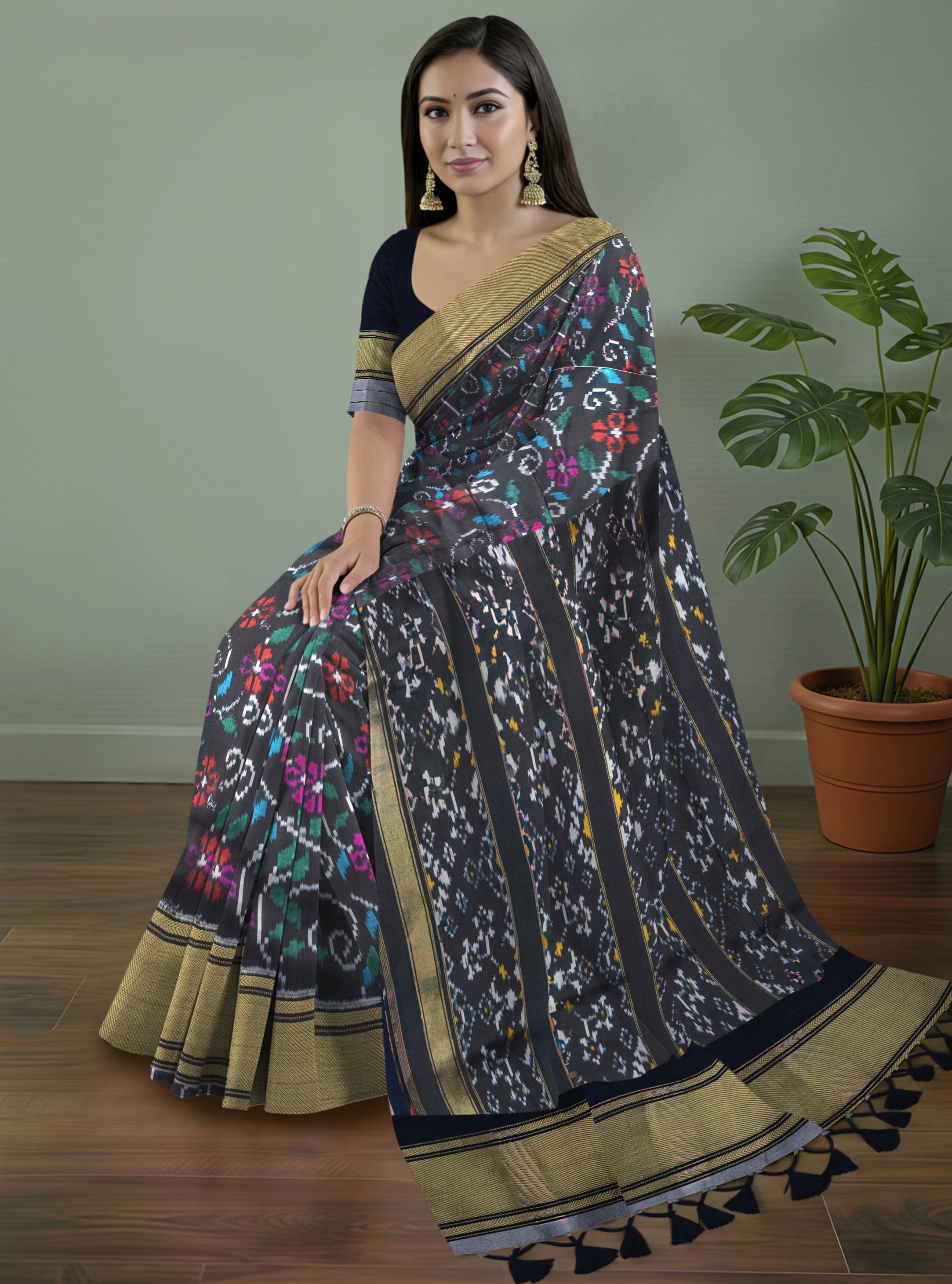 Pure Pochampally Kanjivaram Ikat Silk Saree with Gold Zari Border & Floral Ikat Weaving