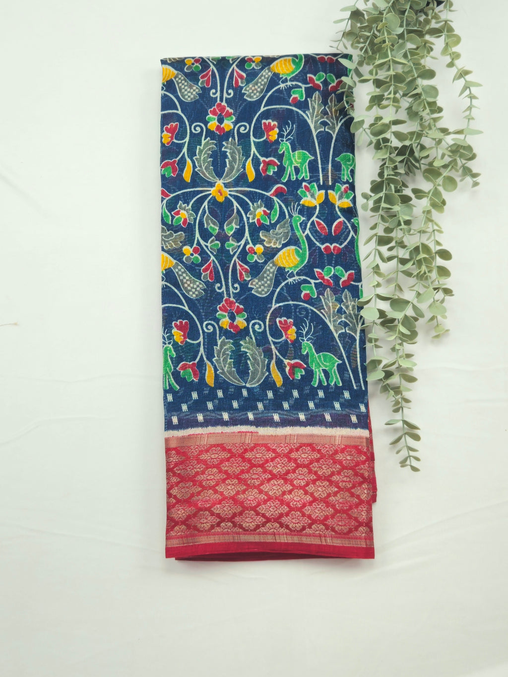 Pochampally Pichwai Blue Animal print silk saree with blouse