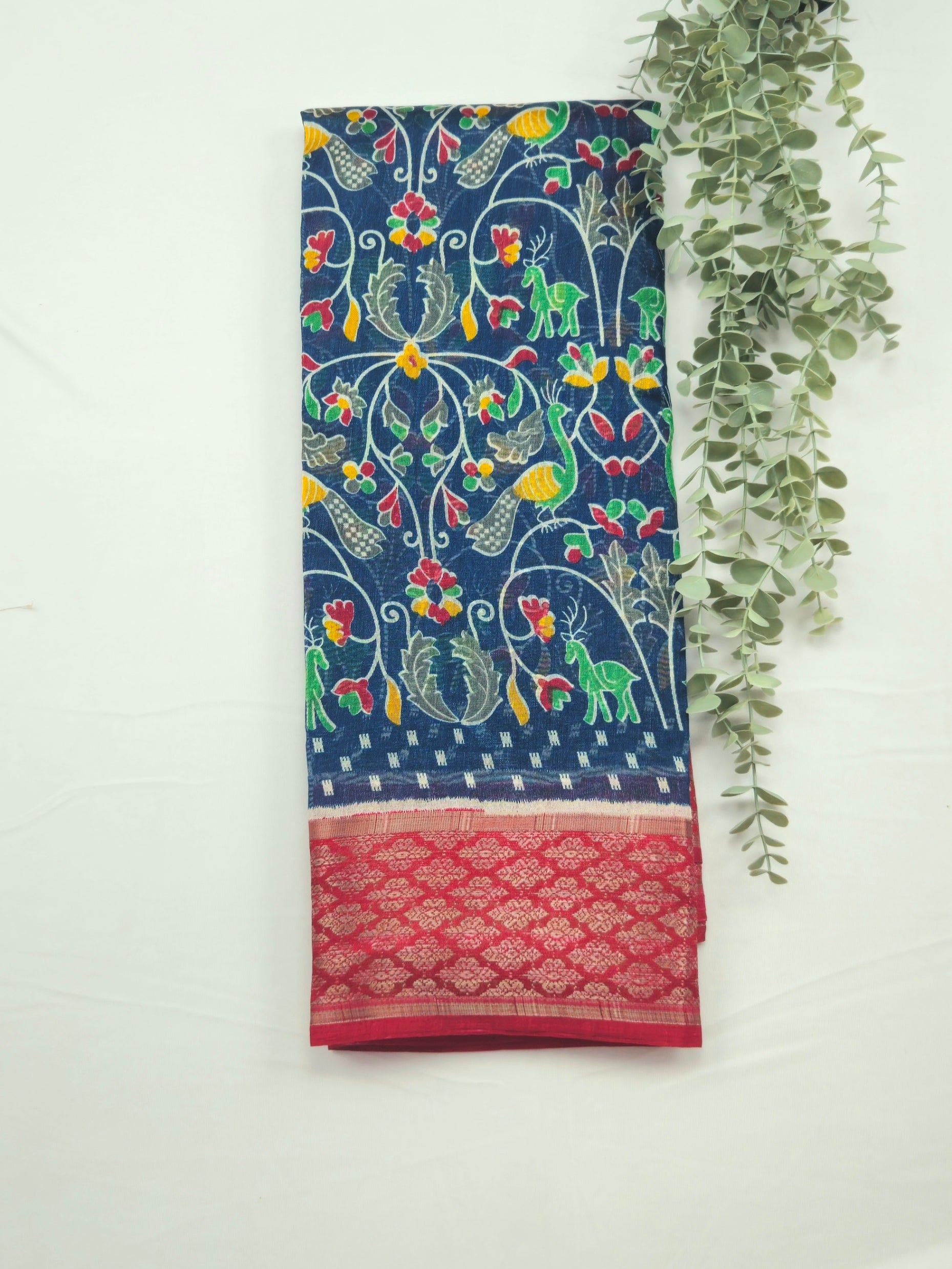 Pochampally Pichwai Blue Animal print silk saree with blouse