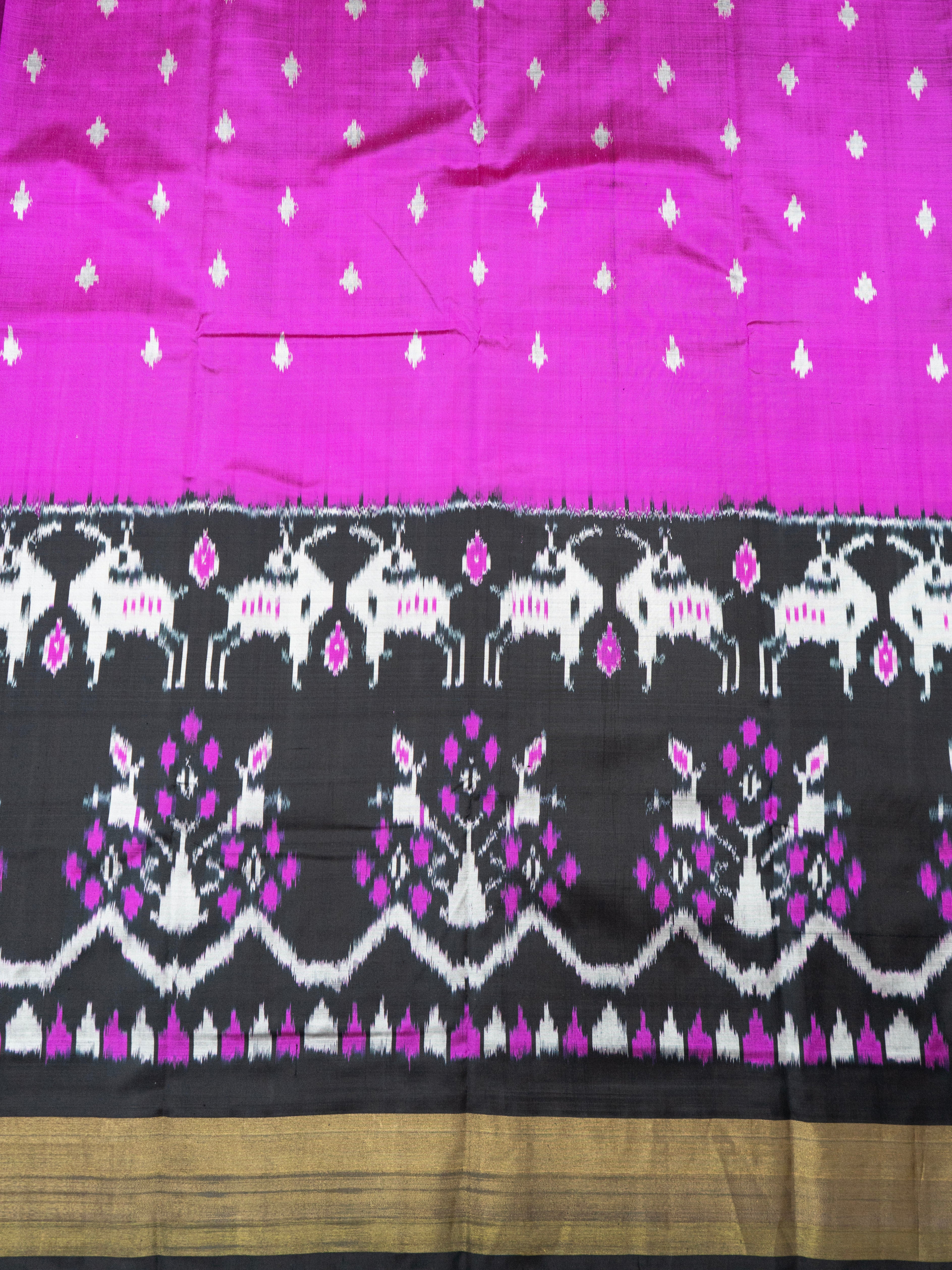 Pure Pochampally Double Ikat Pink Silk Saree with Black Designer Ikat Pallu & Gold Zari Border