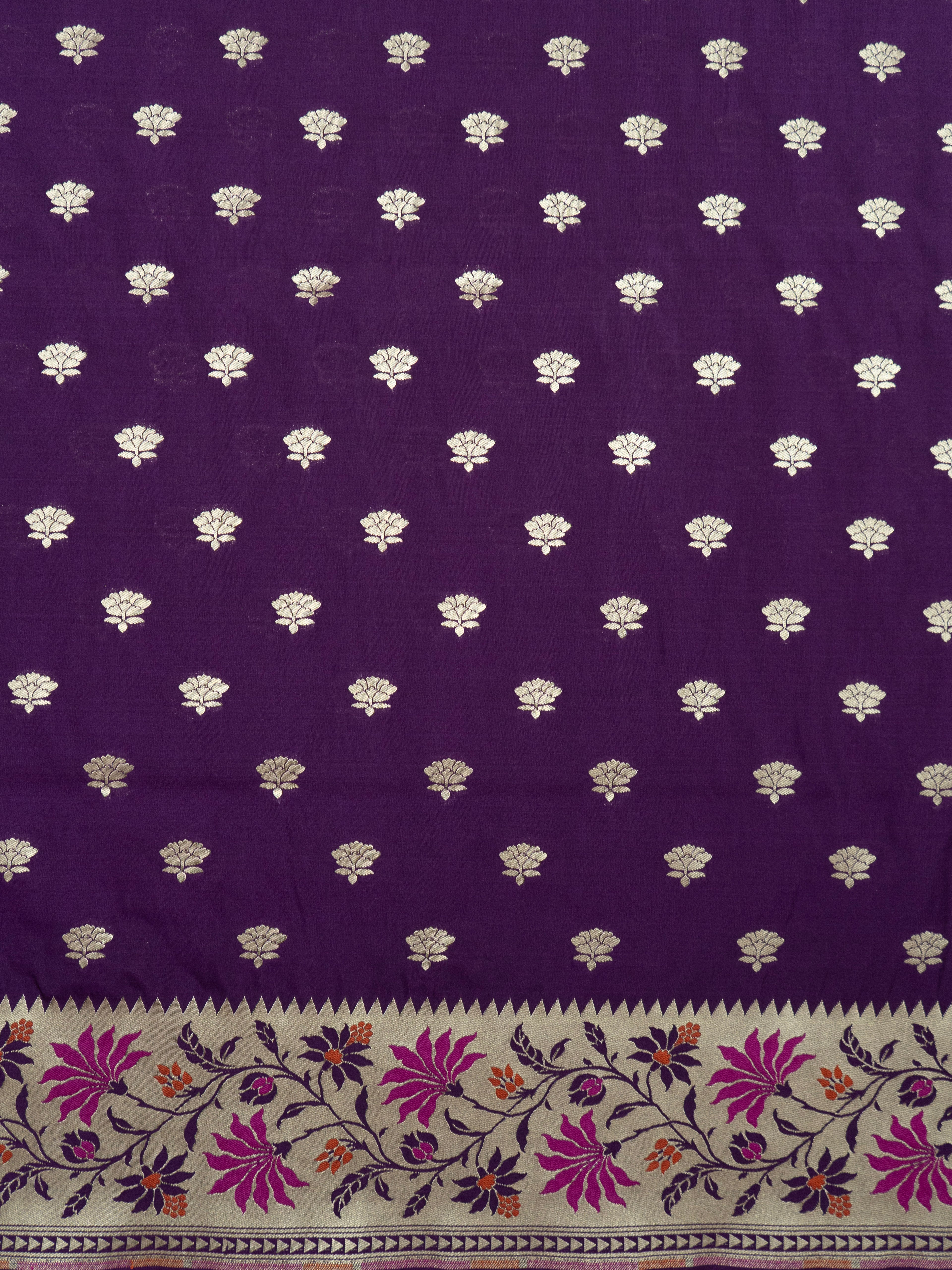 Pure Banarasi Katan Silk Saree in Deep Violet with Multicolor Floral Zari & Rich Zari Pallu