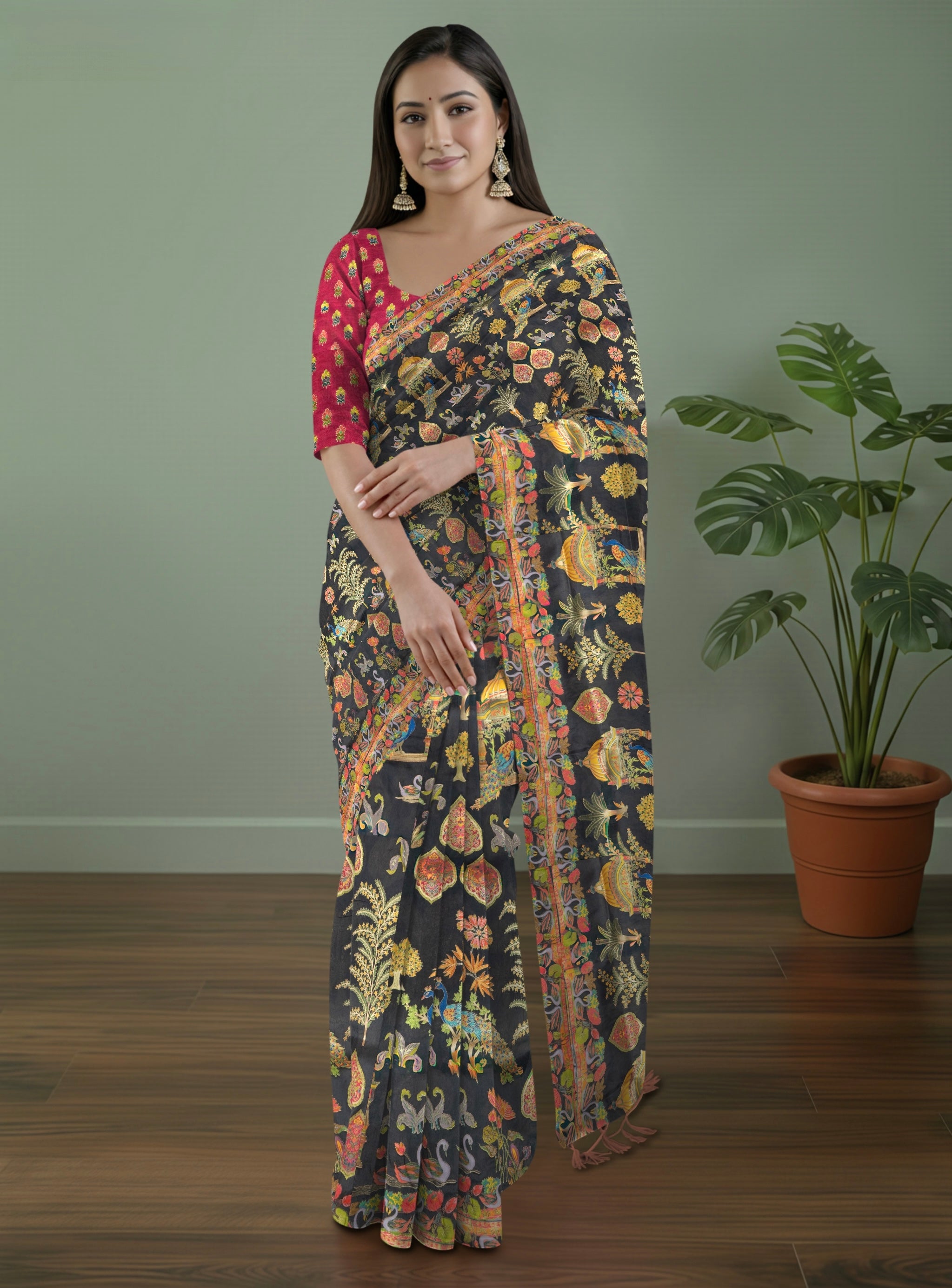 Pure Rajwada Silk Saree in Black with Animal Weaving & Red Contrast Blouse