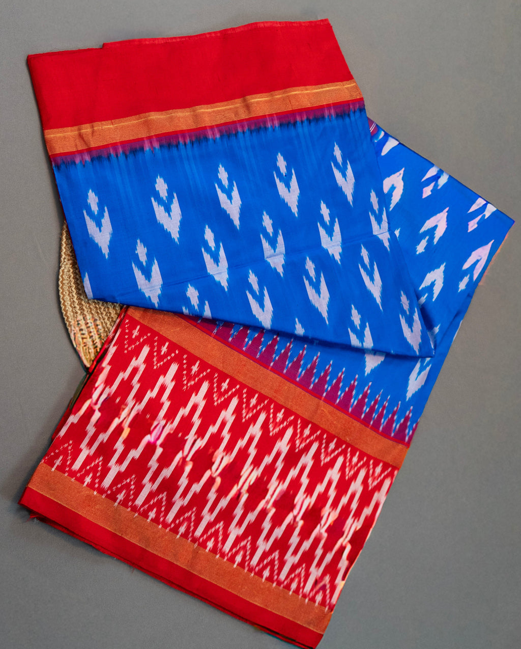 Pure Pochampally Double Ikat Blue Silk Saree with Red Ikat & Golden Zari pallu and border
