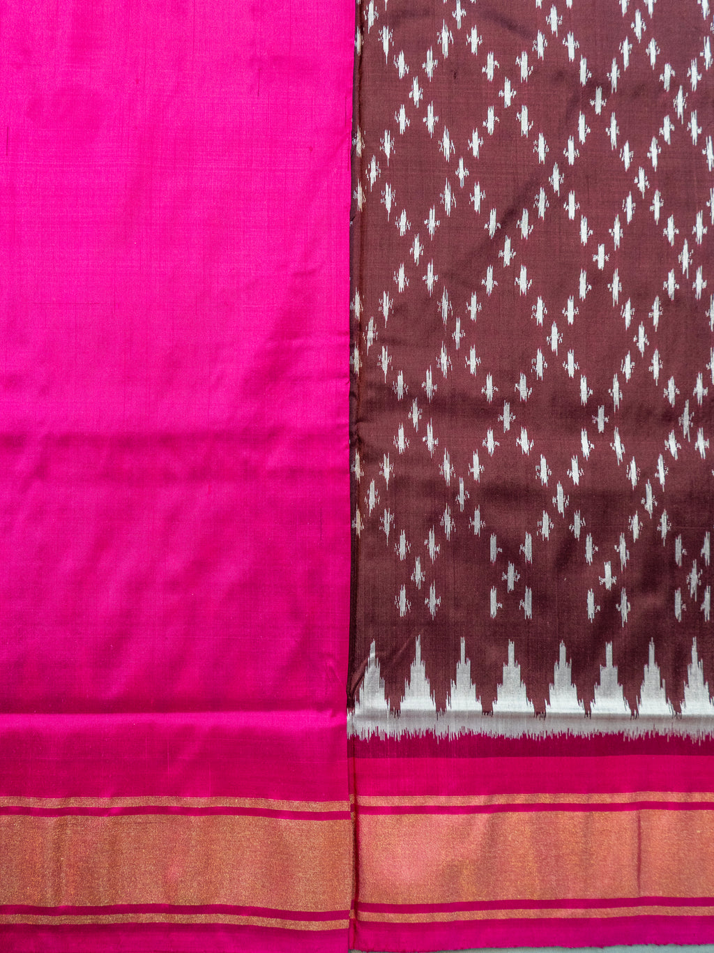 Pure Pochampally Silk Saree in Brown with Ikat Weaving & Contrast Pink Pallu