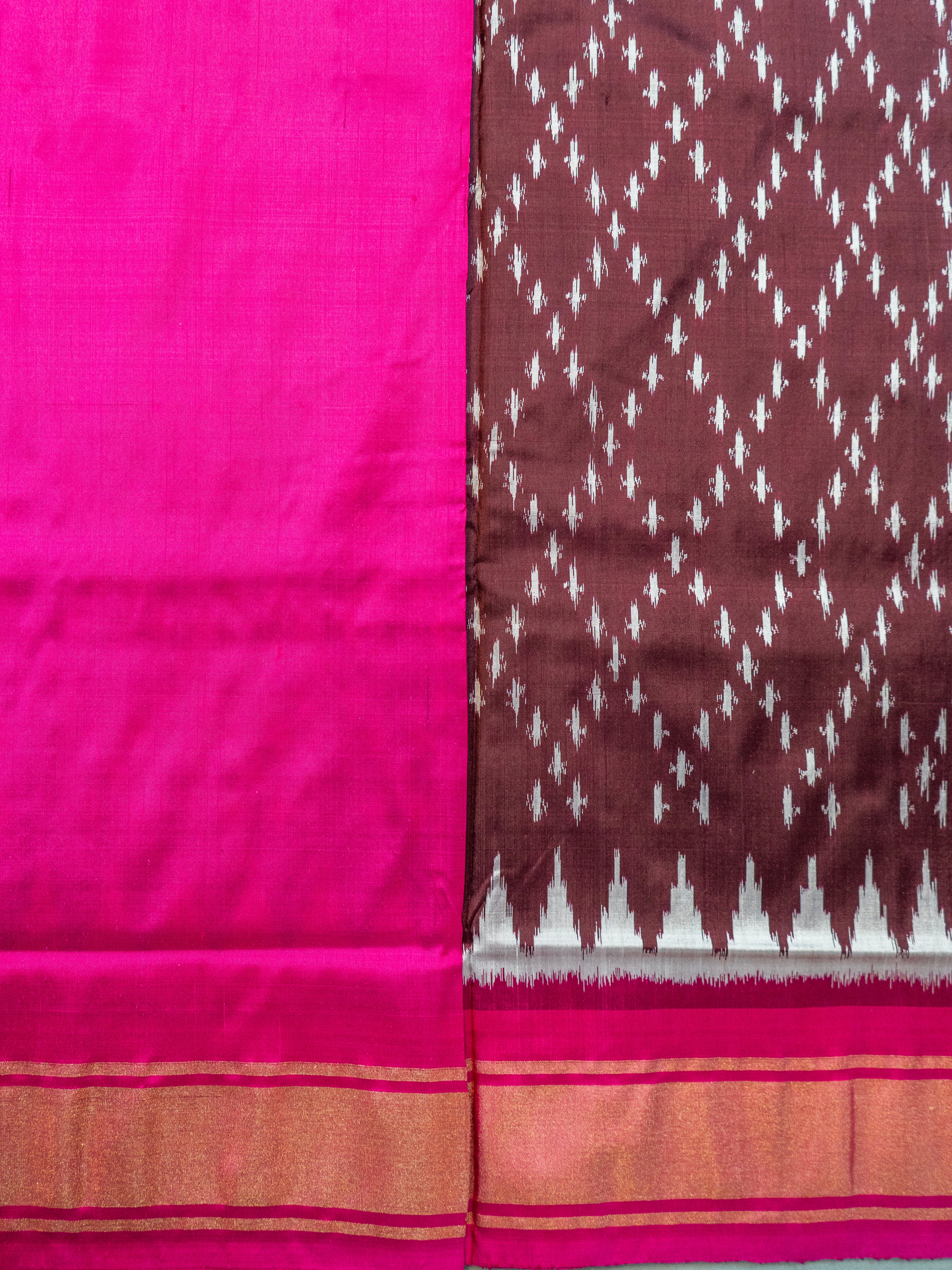 Pure Pochampally Silk Saree in Brown with Ikat Weaving & Contrast Pink Pallu