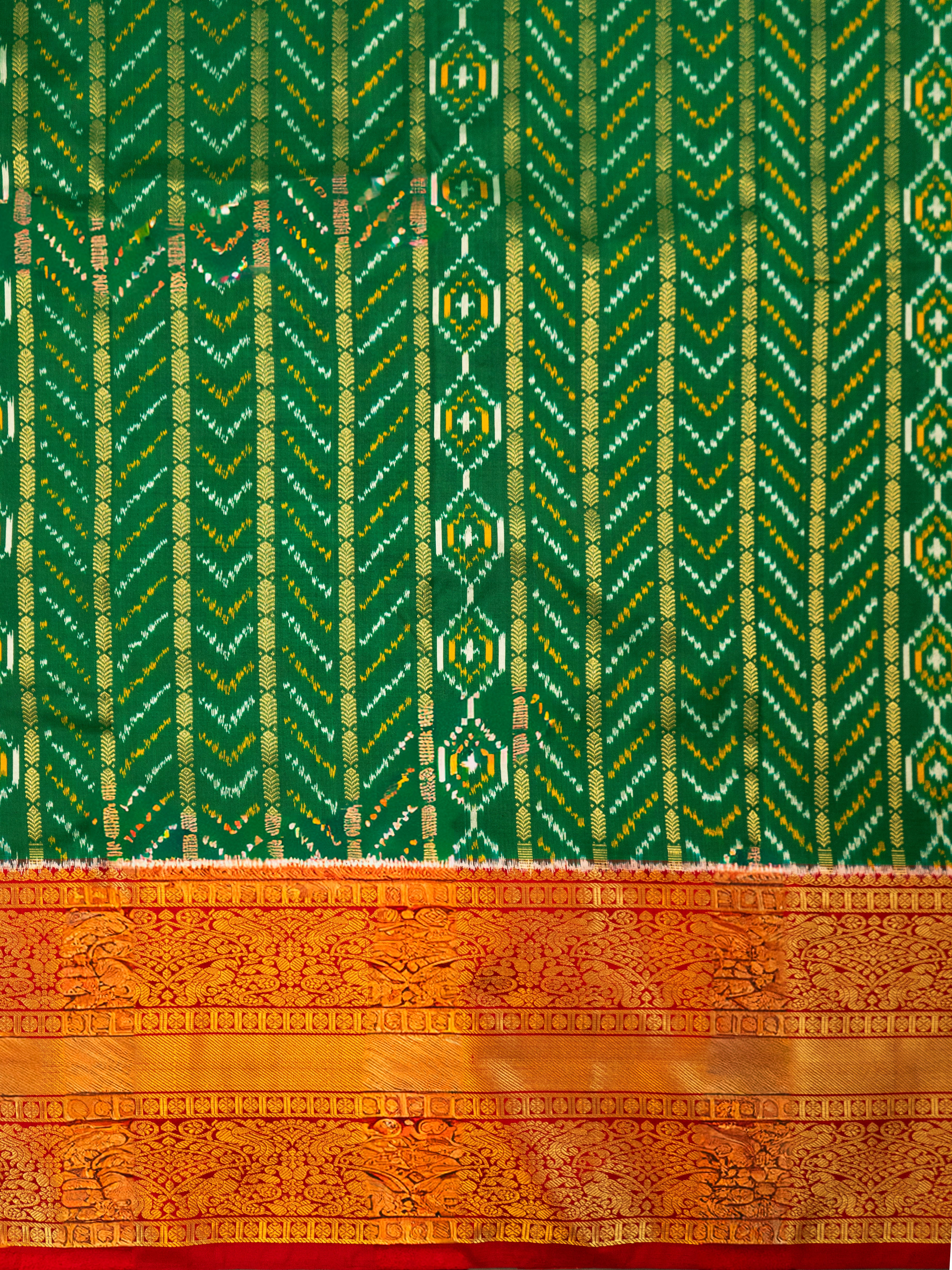 Pure Pochampally Ikat Silk Saree in Dark Green with Kanchivaram Border & Deep Red Zari Pallu