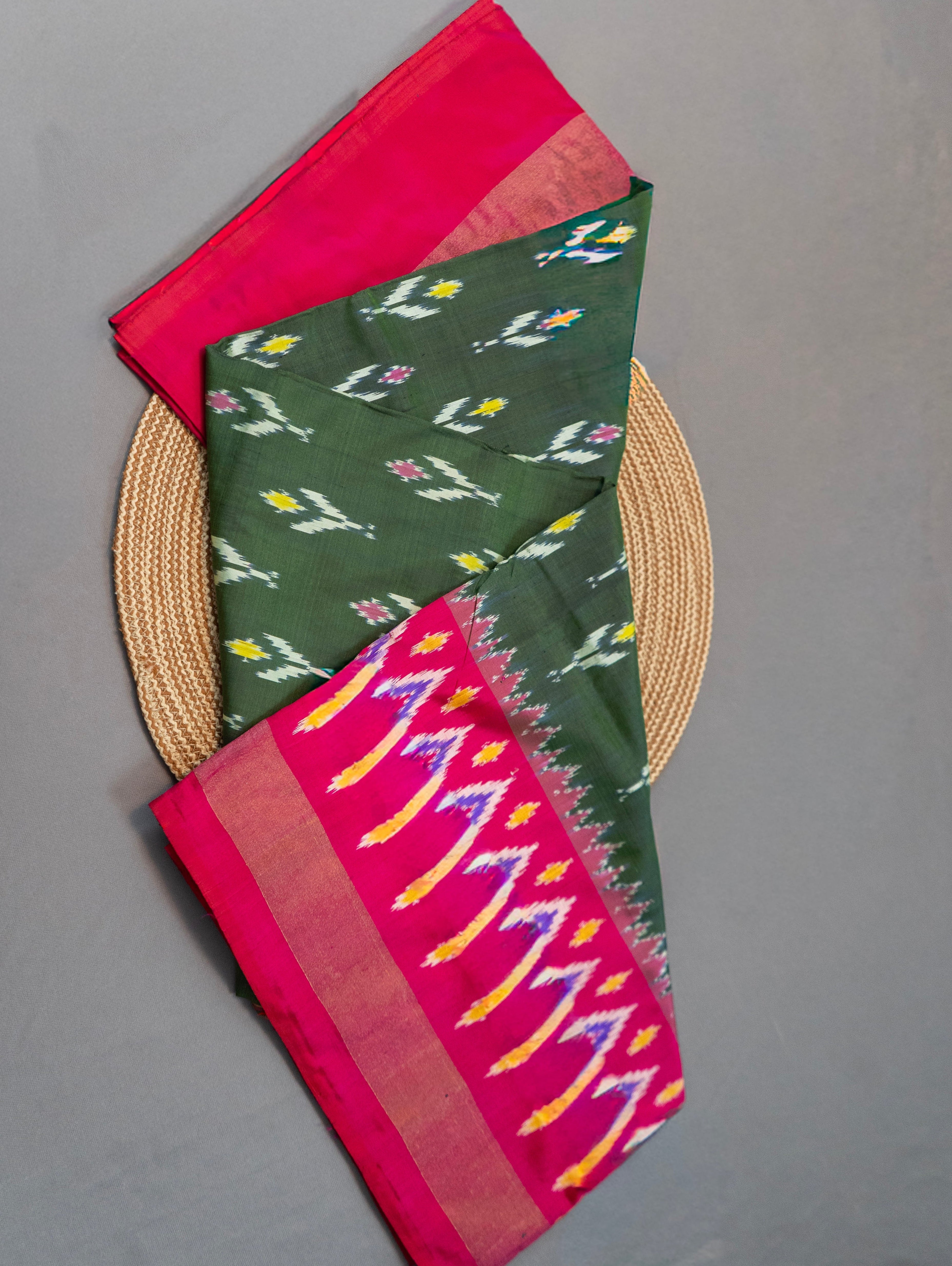 Pure Pochampally Double Ikat Silk Saree in Green with Pink Zari & Ikkat Border