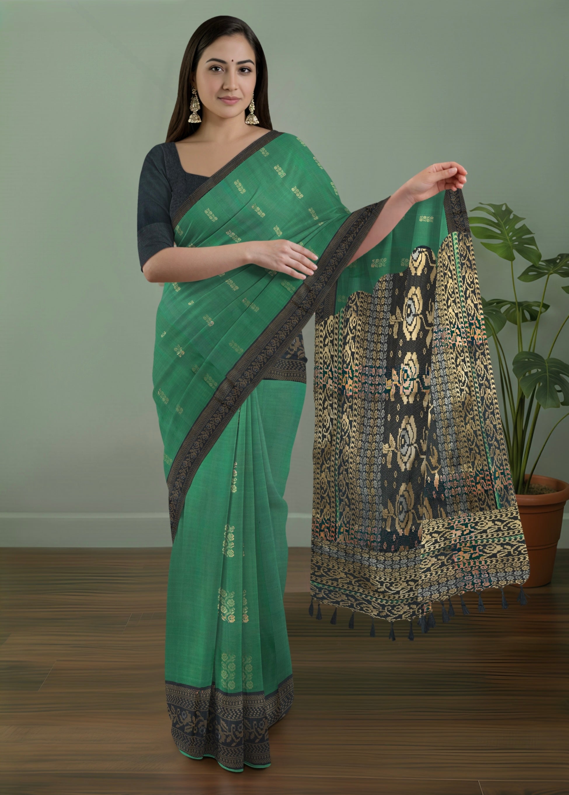 Pure Pochampally Silk Saree in Emerald Green with Butta Weaving & Black Zari Pallu