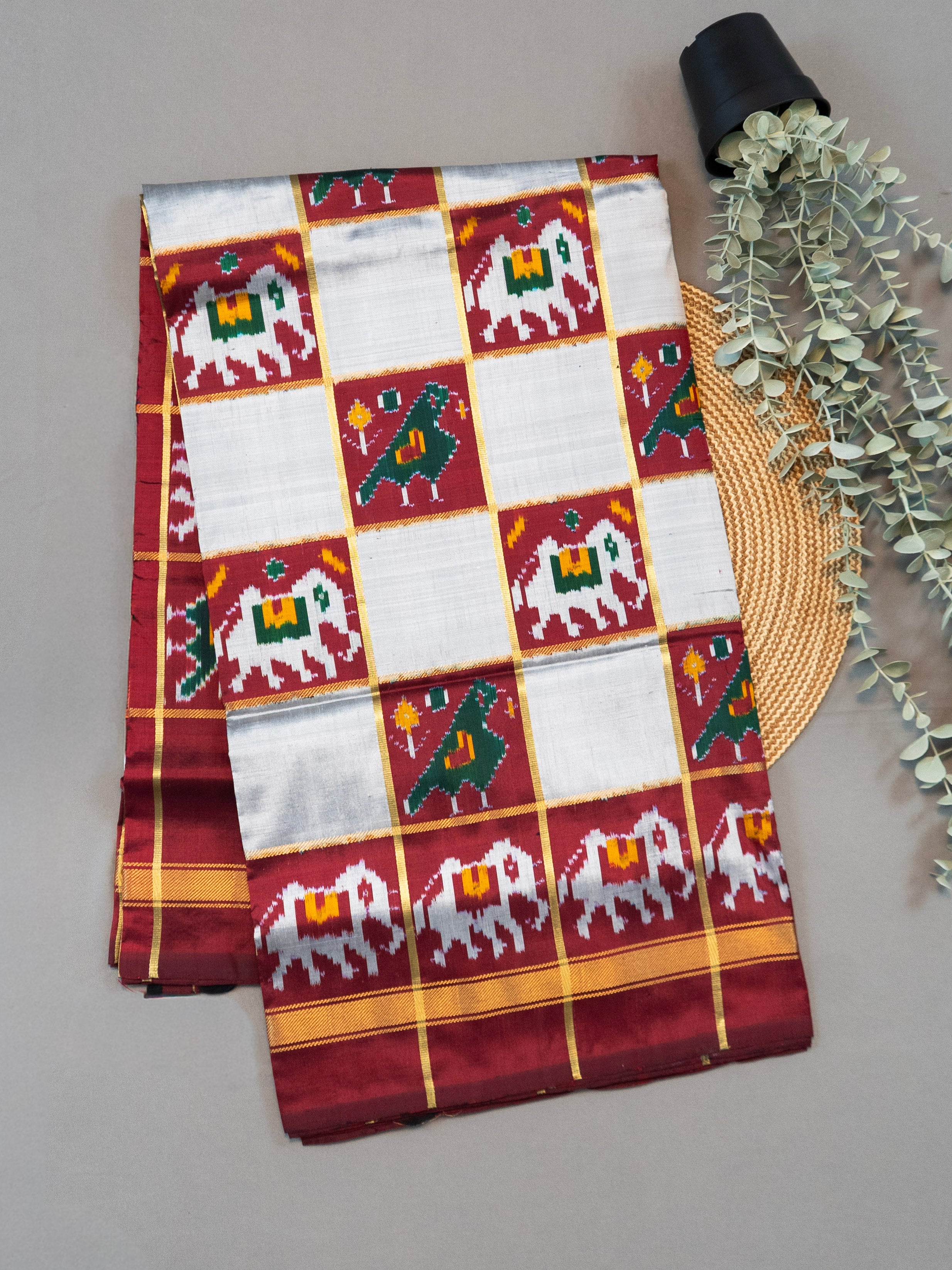 Pure Pochampally Double Ikat Silk Saree in Ghat Chola Checks with Elephant Ikat & Golden Zari
