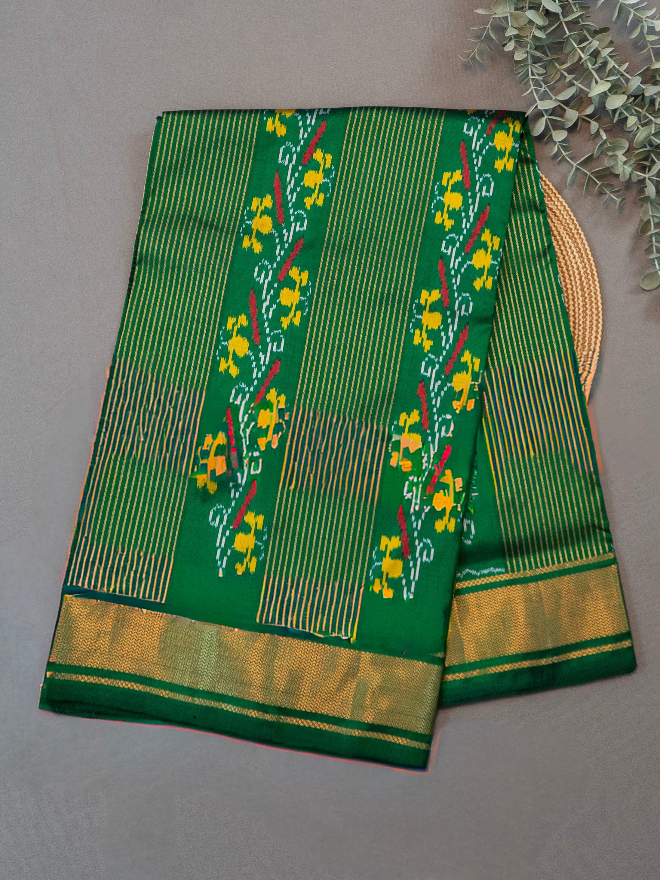 Pure Pochampally Silk Saree in Deep Bottle Green with Ikat & Zari Weaving