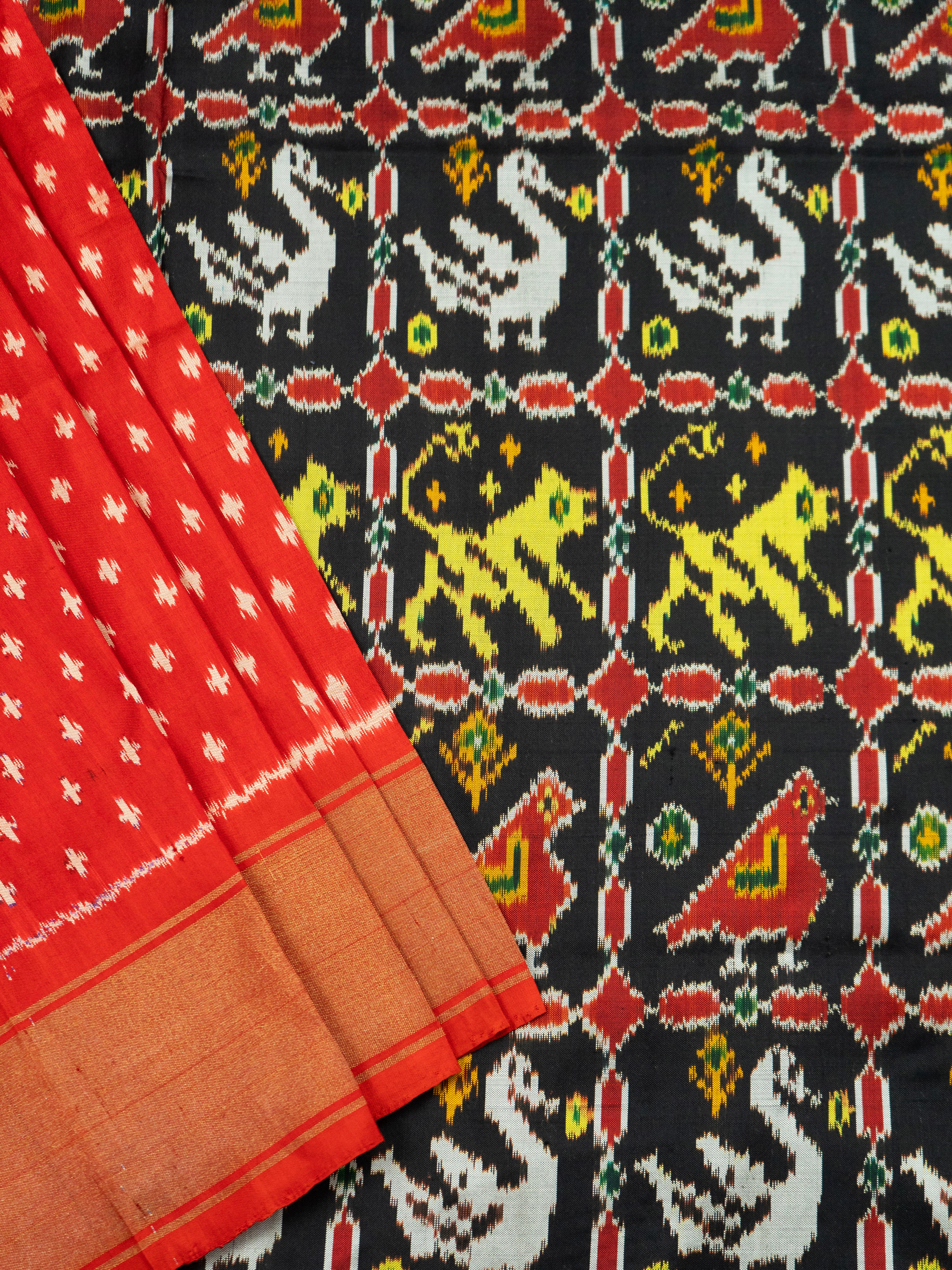 Pure Pochampally Double Ikat Silk Saree in Black with Red Ikat Pallu