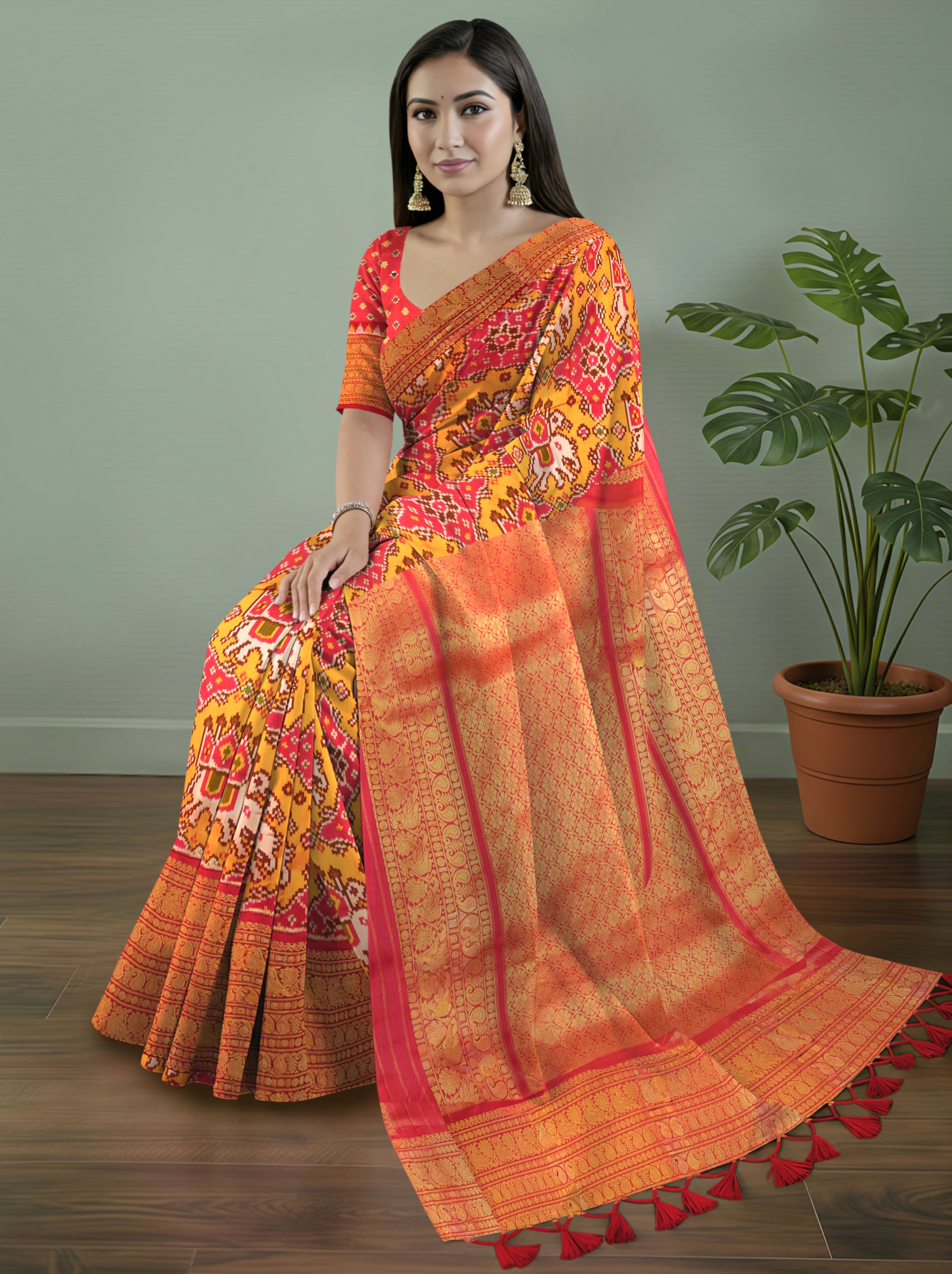 Pure Pochampally Ikat Silk Saree in Orange with Animal Motifs, Kanjivaram Border & Red Zari Pallu