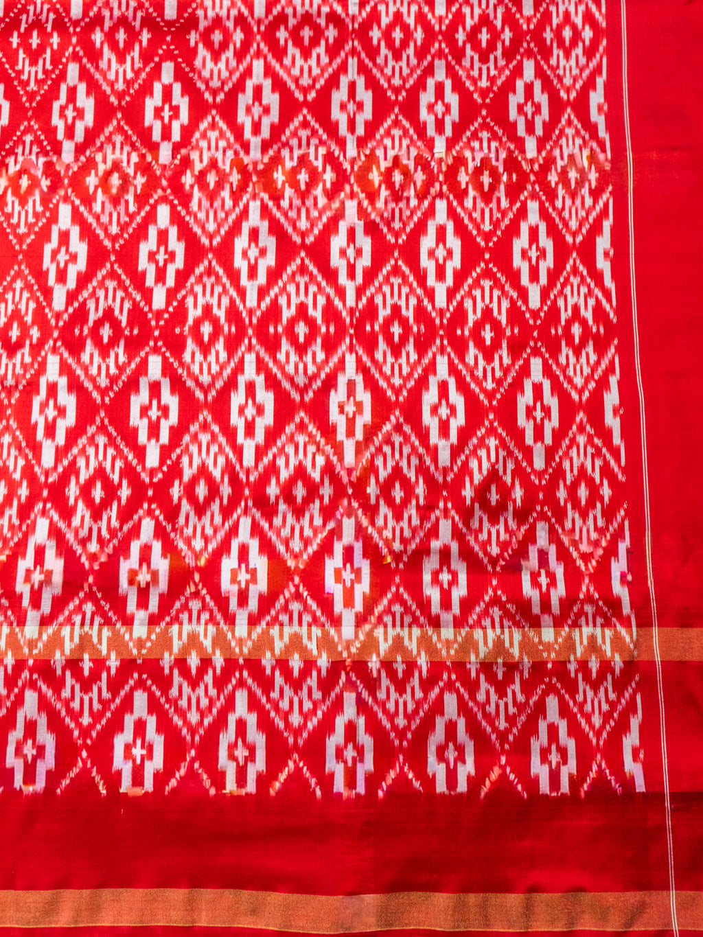 Pure Pochampally Double Ikat Blue Silk Saree with Red Ikat & Golden Zari pallu and border