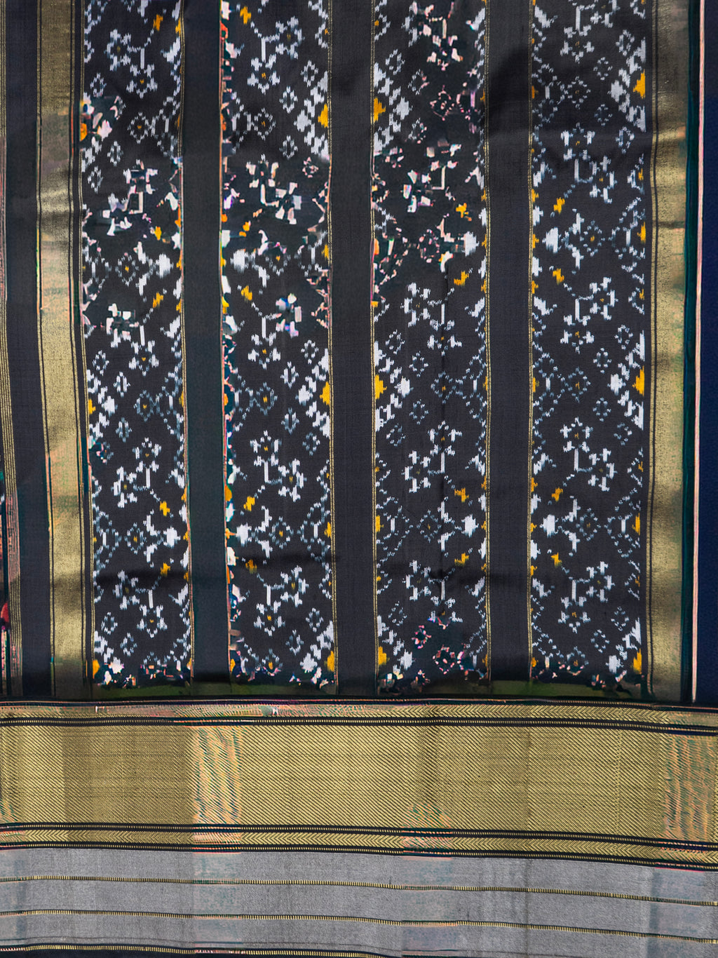 Pure Pochampally Kanjivaram Ikat Silk Saree with Gold Zari Border & Floral Ikat Weaving