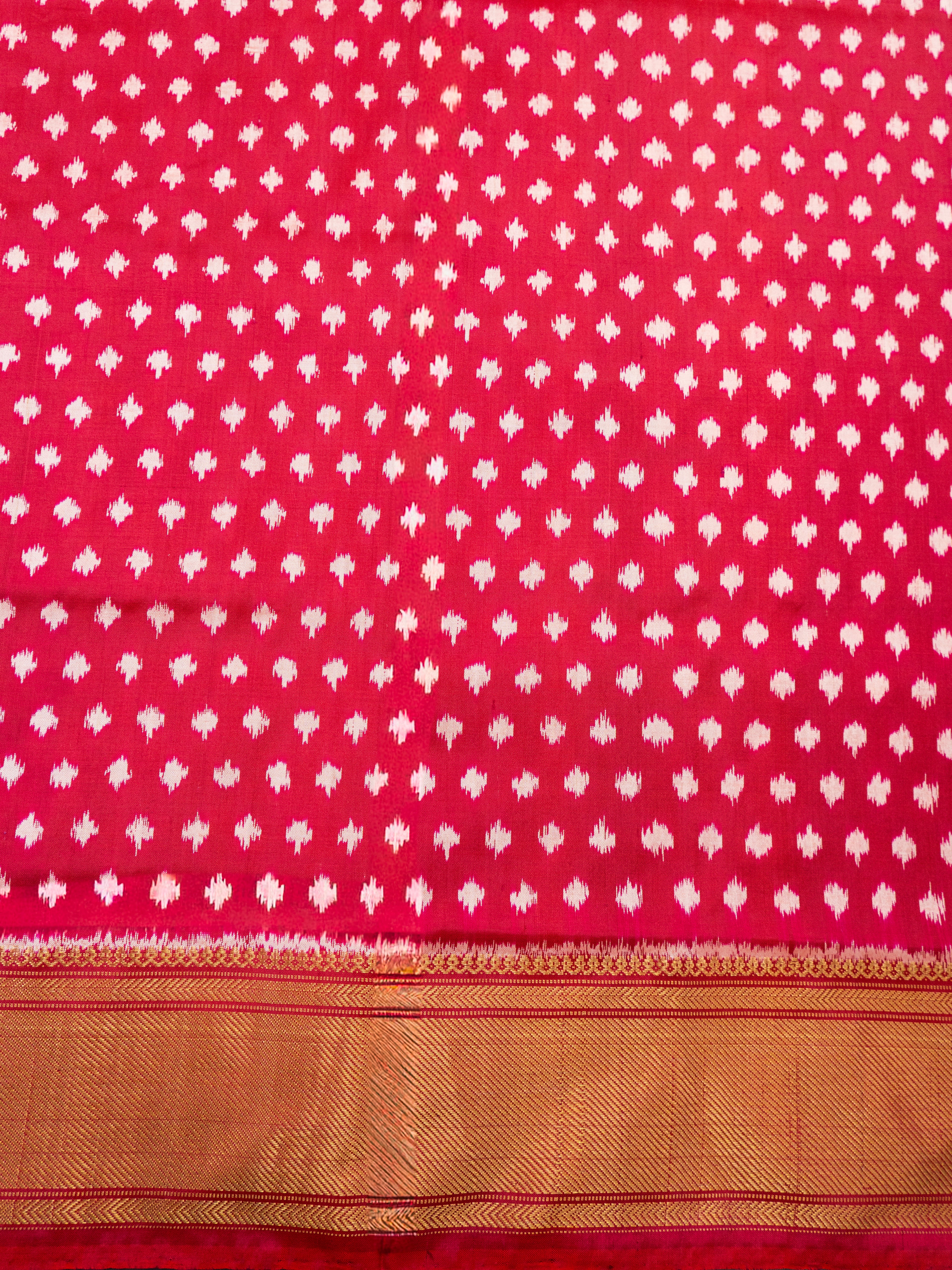 Pure Pochampally Double Ikat Silk Saree in Deep Red with Multicolour Ikat & Gold Zari