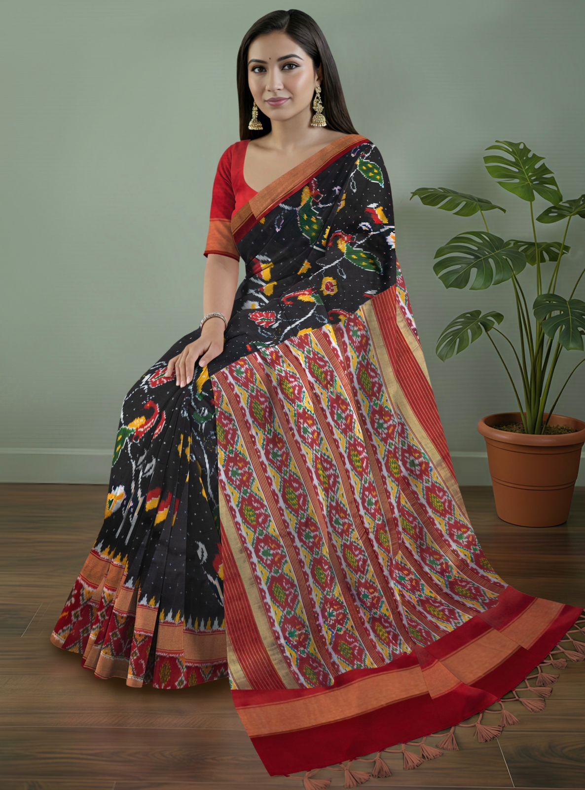 Pure Pochampally Ikat Silk Saree in Black with Animal Motif Weaving & Red Blouse