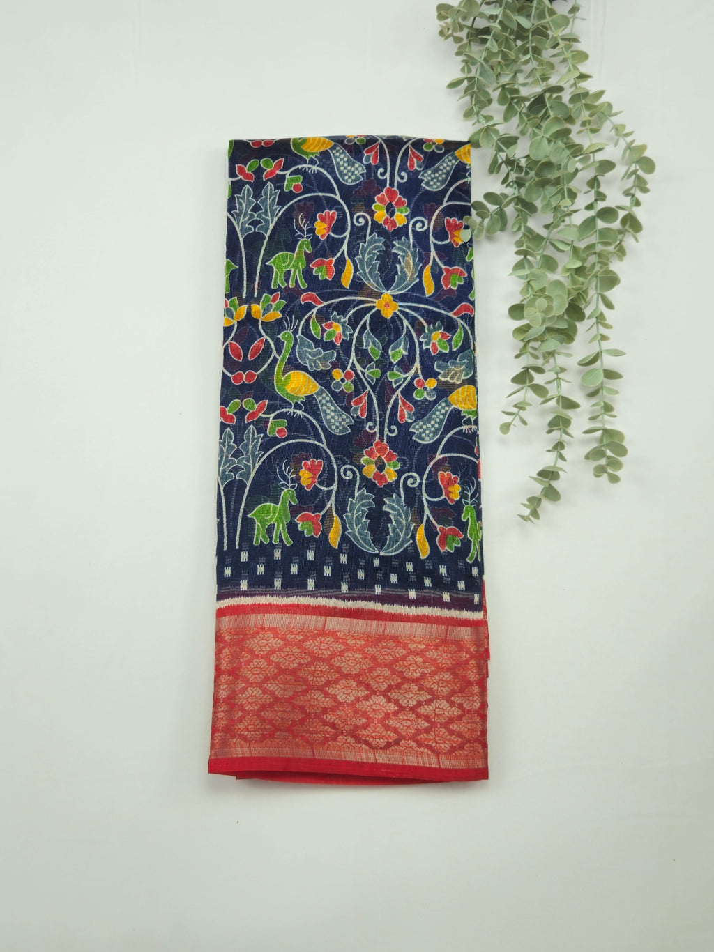 Pochampally Pichwai blue Animal print silk saree with blouse