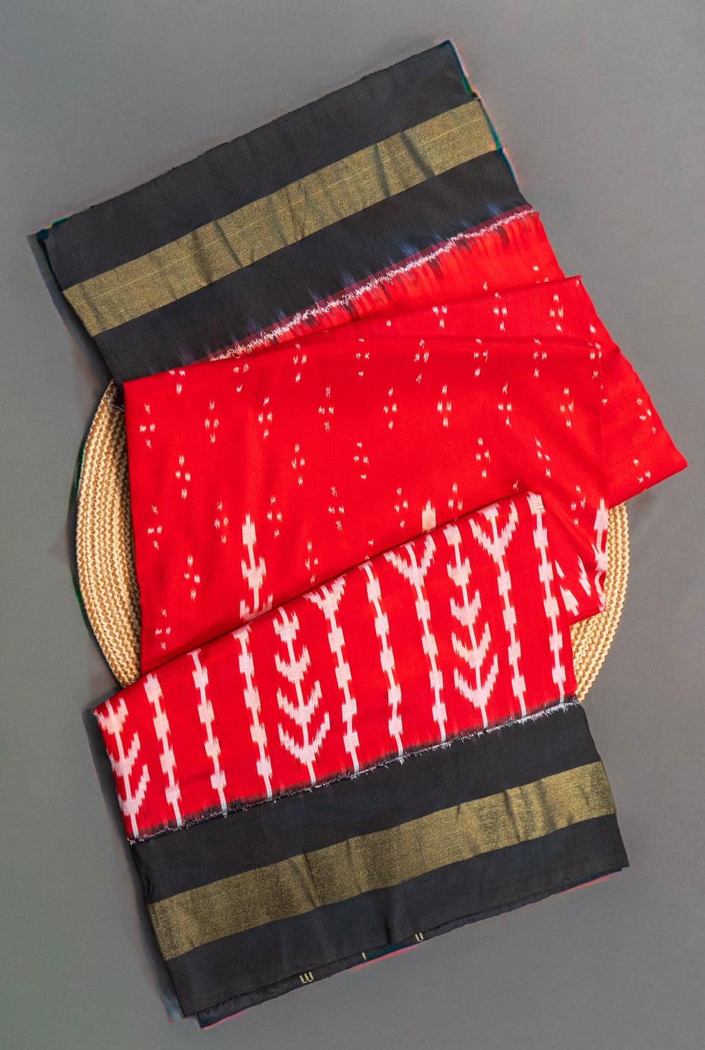 Pure Pochampally Silk Saree in Red with Black Ikat Pallu & Golden Zari