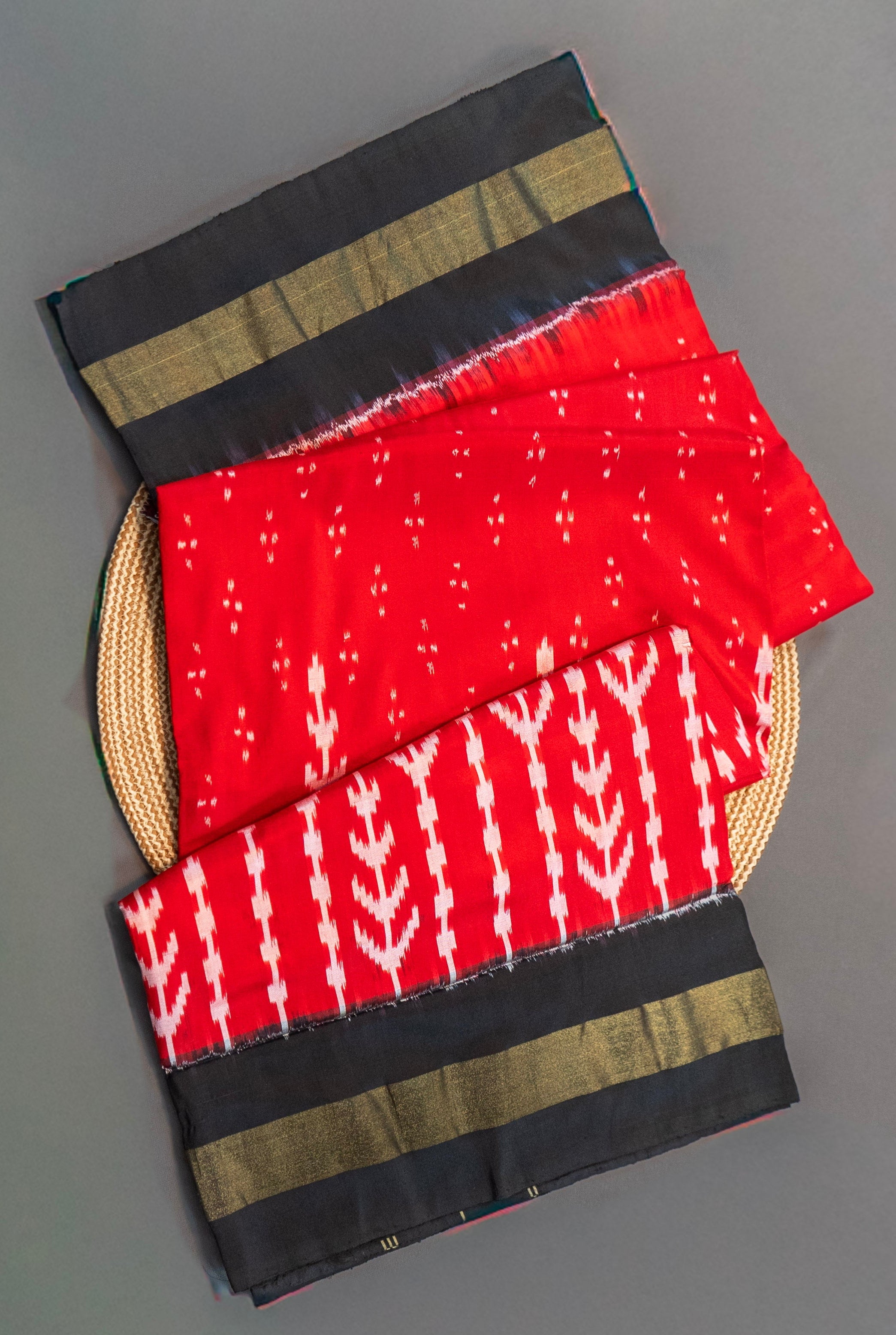 Pure Pochampally Silk Saree in Red with Black Ikat Pallu & Golden Zari