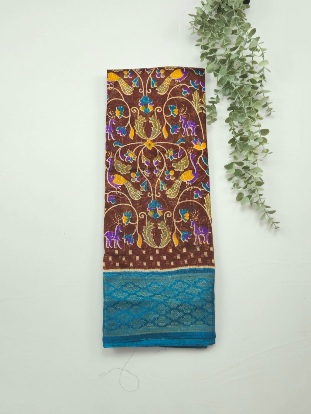 Pochampally Pichwai Brown Animal print silk saree with blouse