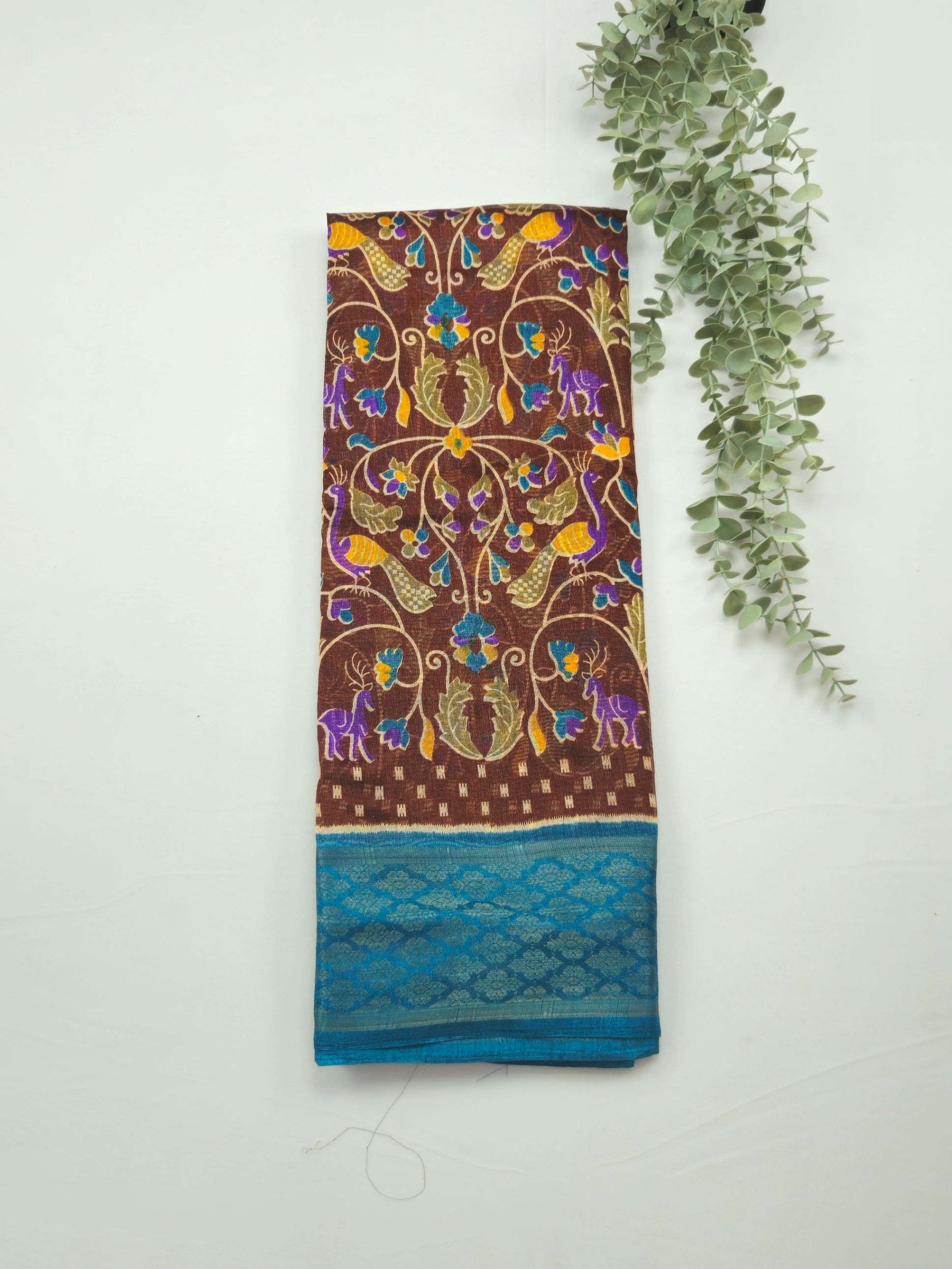 Pochampally Pichwai Brown Animal print silk saree with blouse