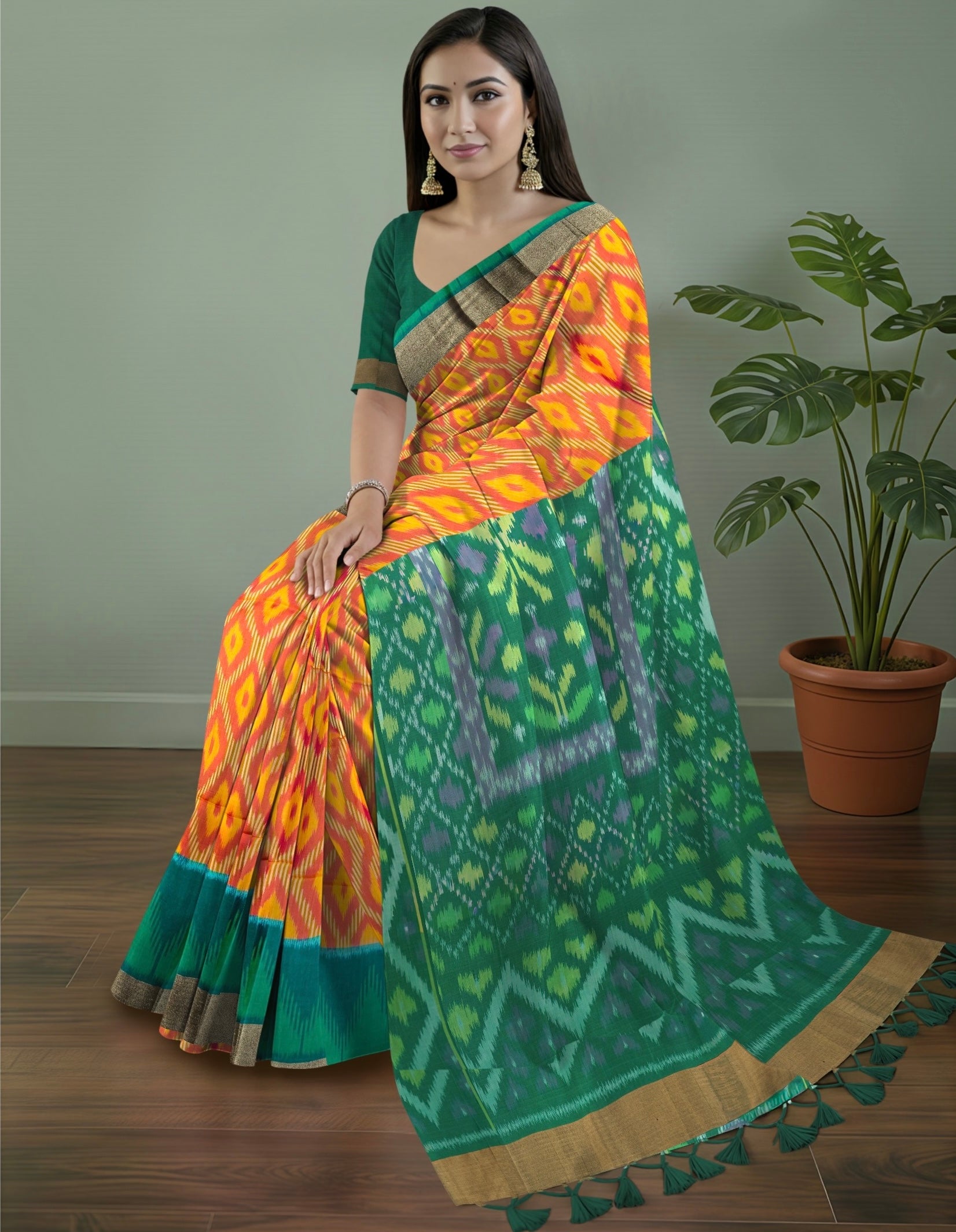 Pure Pochampally Silk Saree in Orange with Green Ikat Pallu & Multicolor Weaving