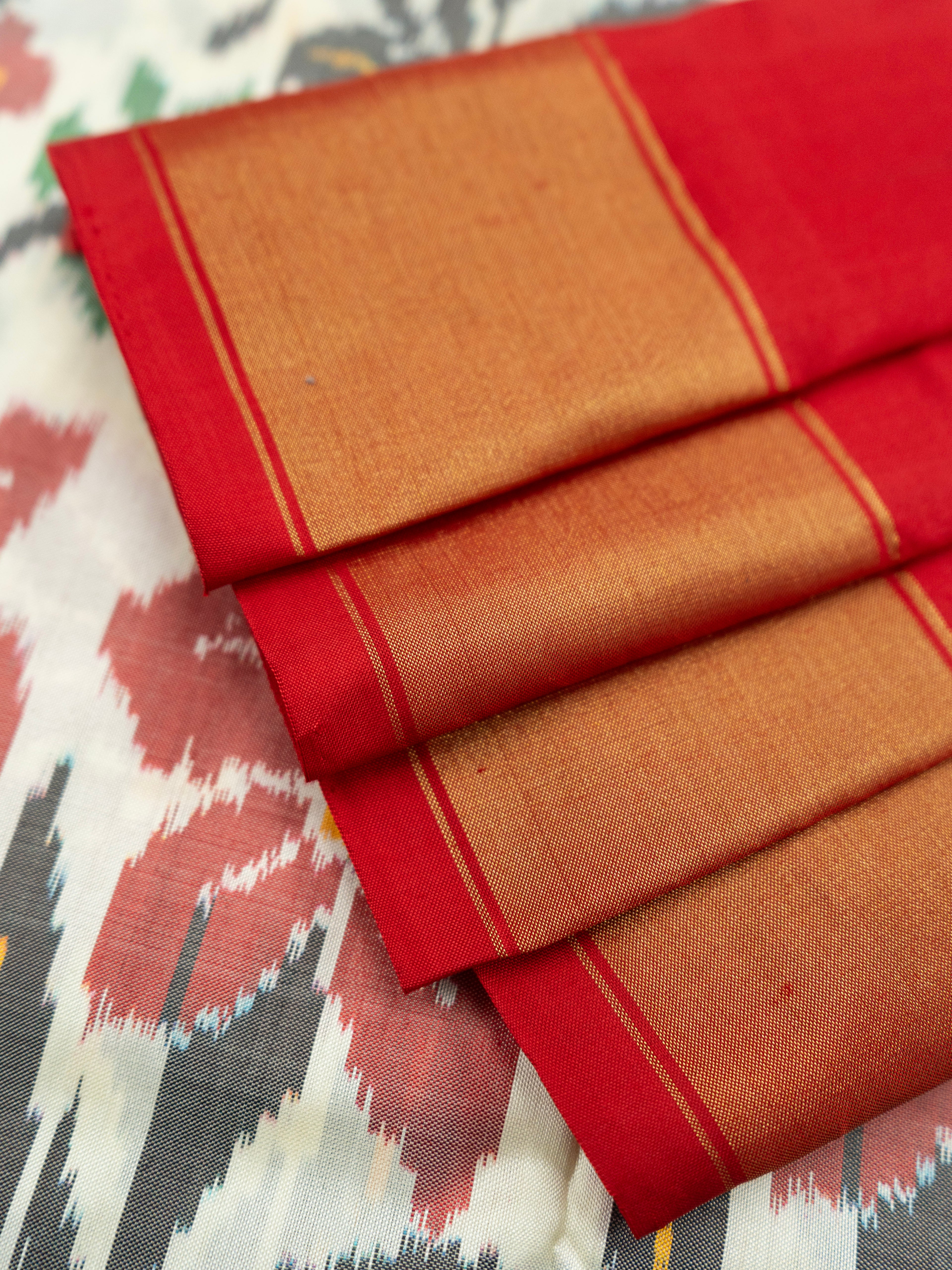 Pure Pochampally Double Ikat Silk Saree in White with Red Ikat Floral Pallu