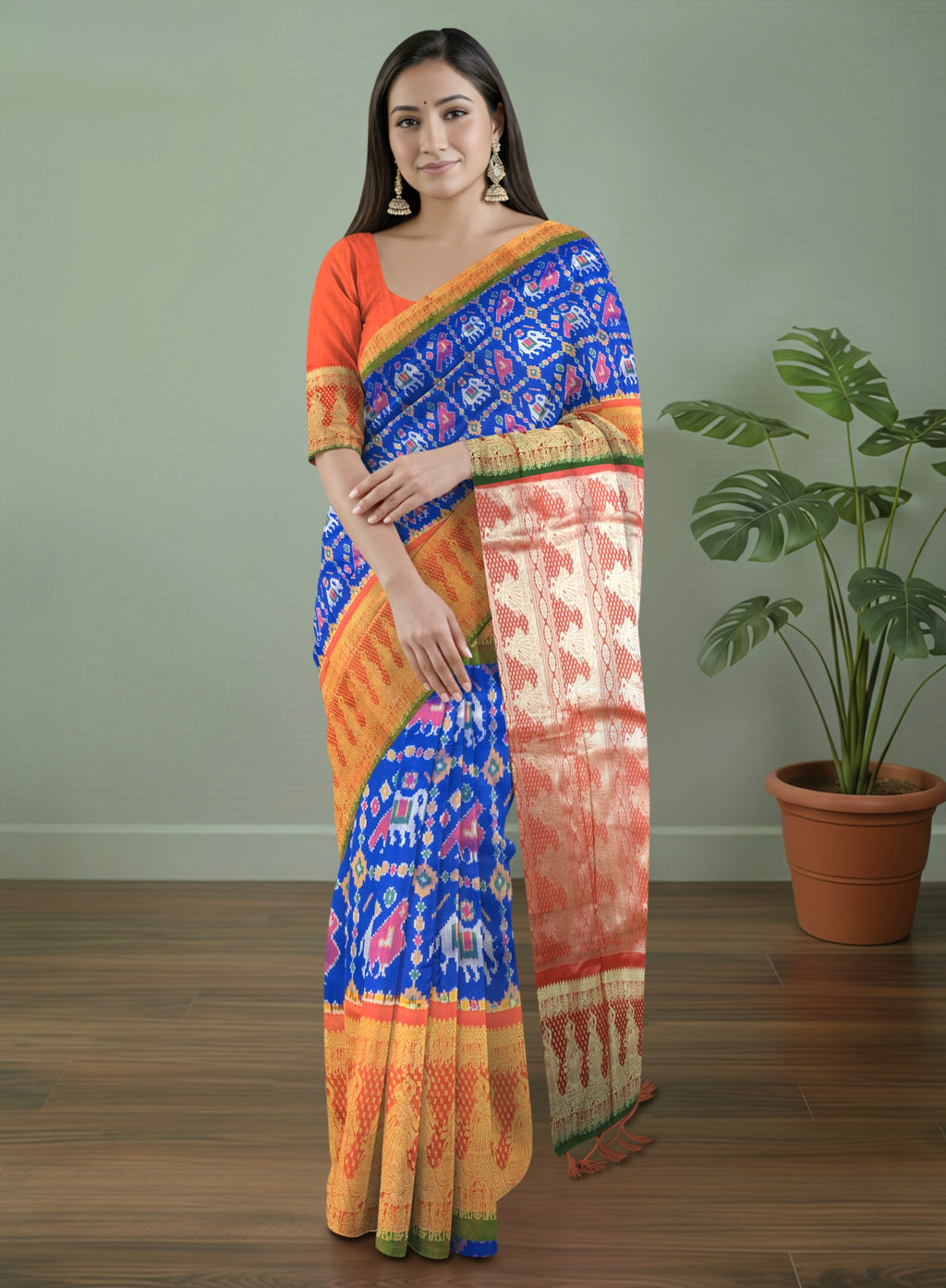 Pure Pochampally Double Ikat Kanjivaram Silk Saree in Blue with Orange Rajwada Pallu