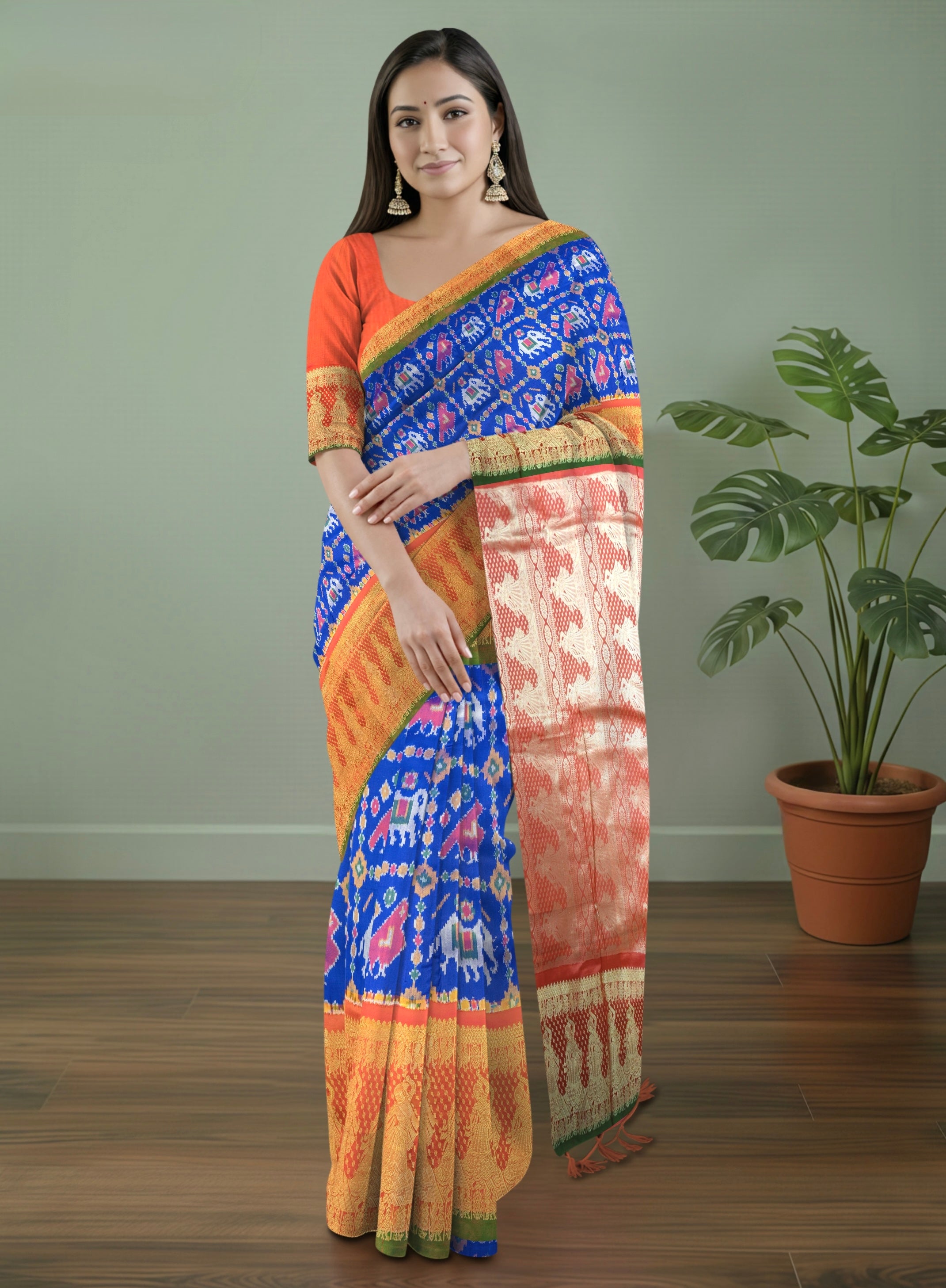 Pure Pochampally Double Ikat Kanjivaram Silk Saree in Blue with Orange Rajwada Pallu