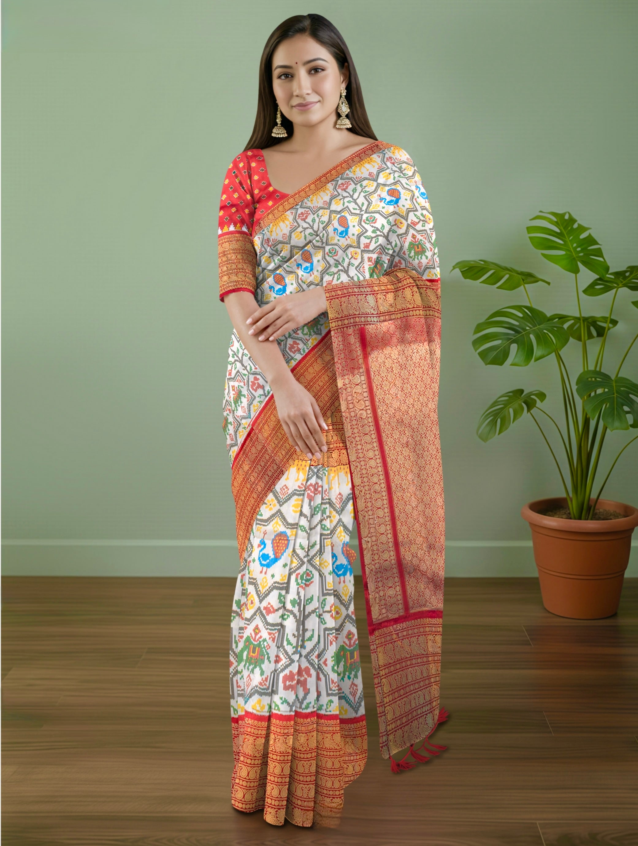 Signature Kanchipuram Pochampally Double Ikat Silk Saree in White with Red Zari Pallu