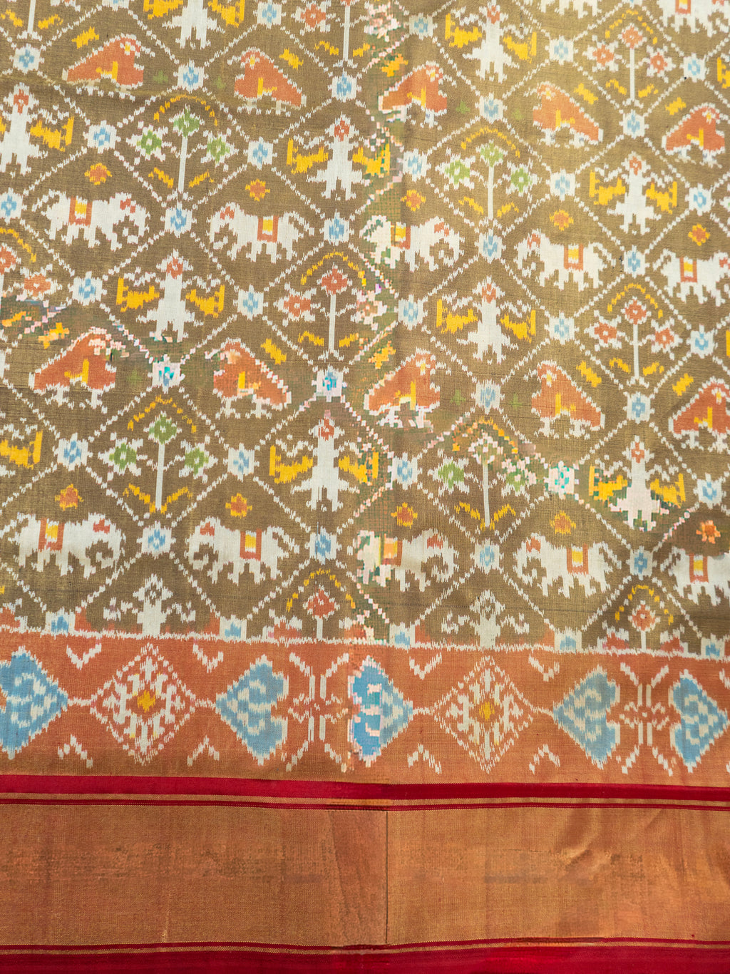 Pure Pochampally Silk Saree in Brown with Gold Zari Sparkle & Orange Ikat Pallu