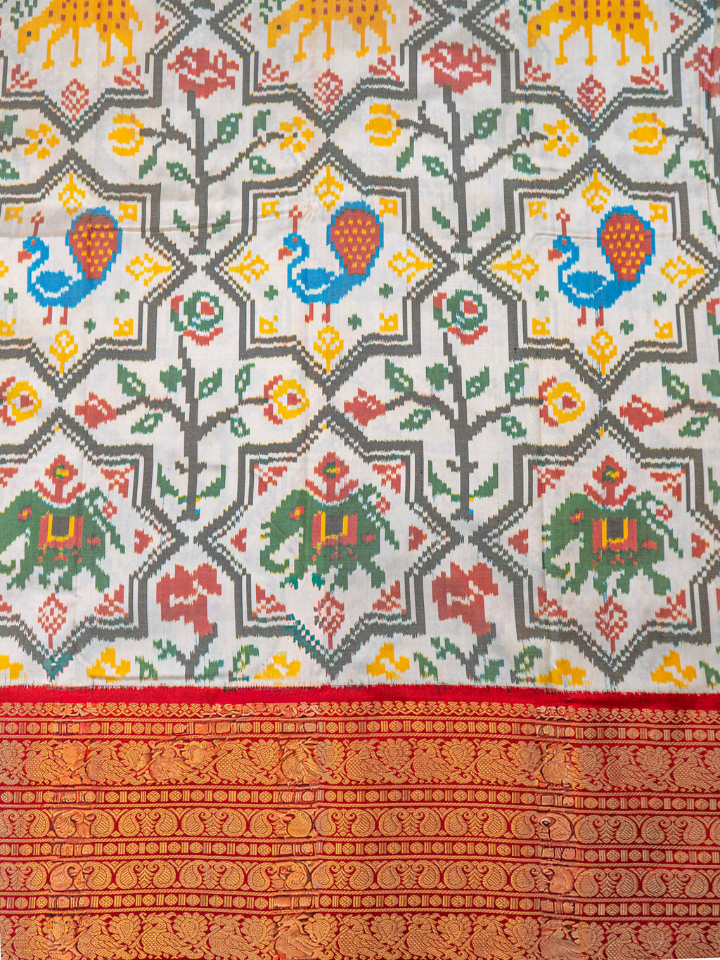 Signature Kanchipuram Pochampally Double Ikat Silk Saree in White with Red Zari Pallu