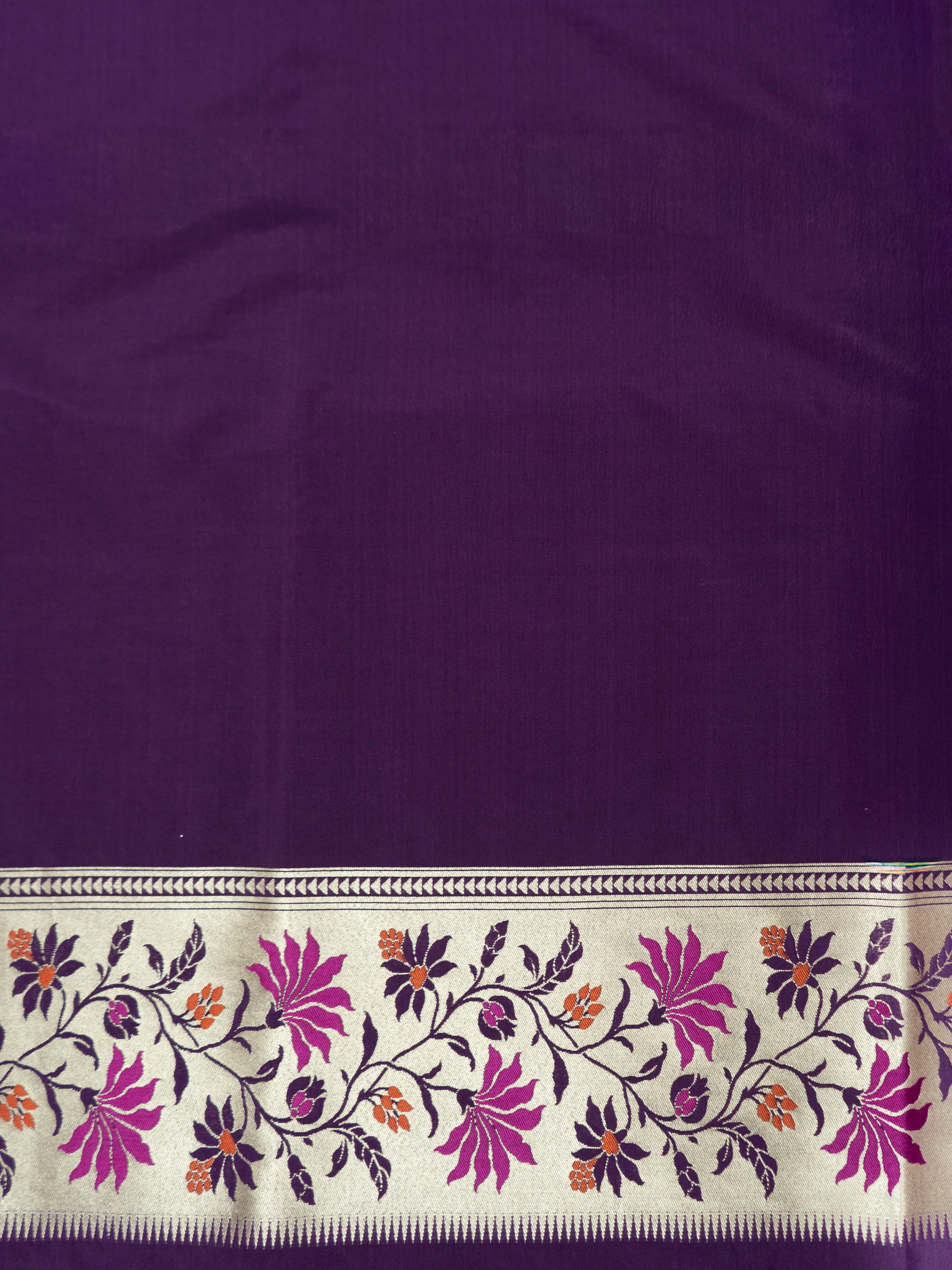 Pure Banarasi Katan Silk Saree in Deep Violet with Multicolor Floral Zari & Rich Zari Pallu