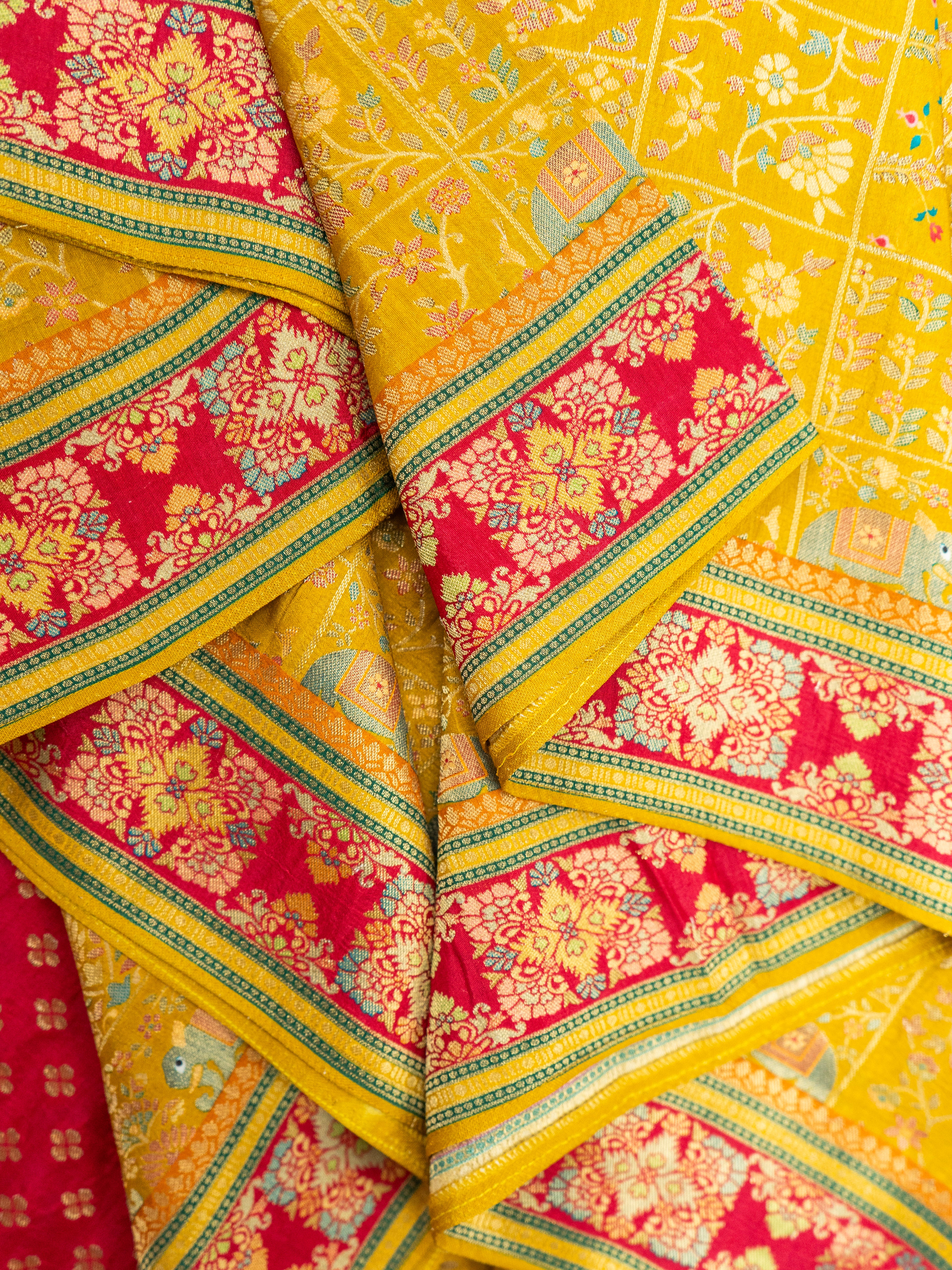 Pure Rajwada Silk Saree in Mustard Yellow with Red Contrast Border & Intricate Pallu