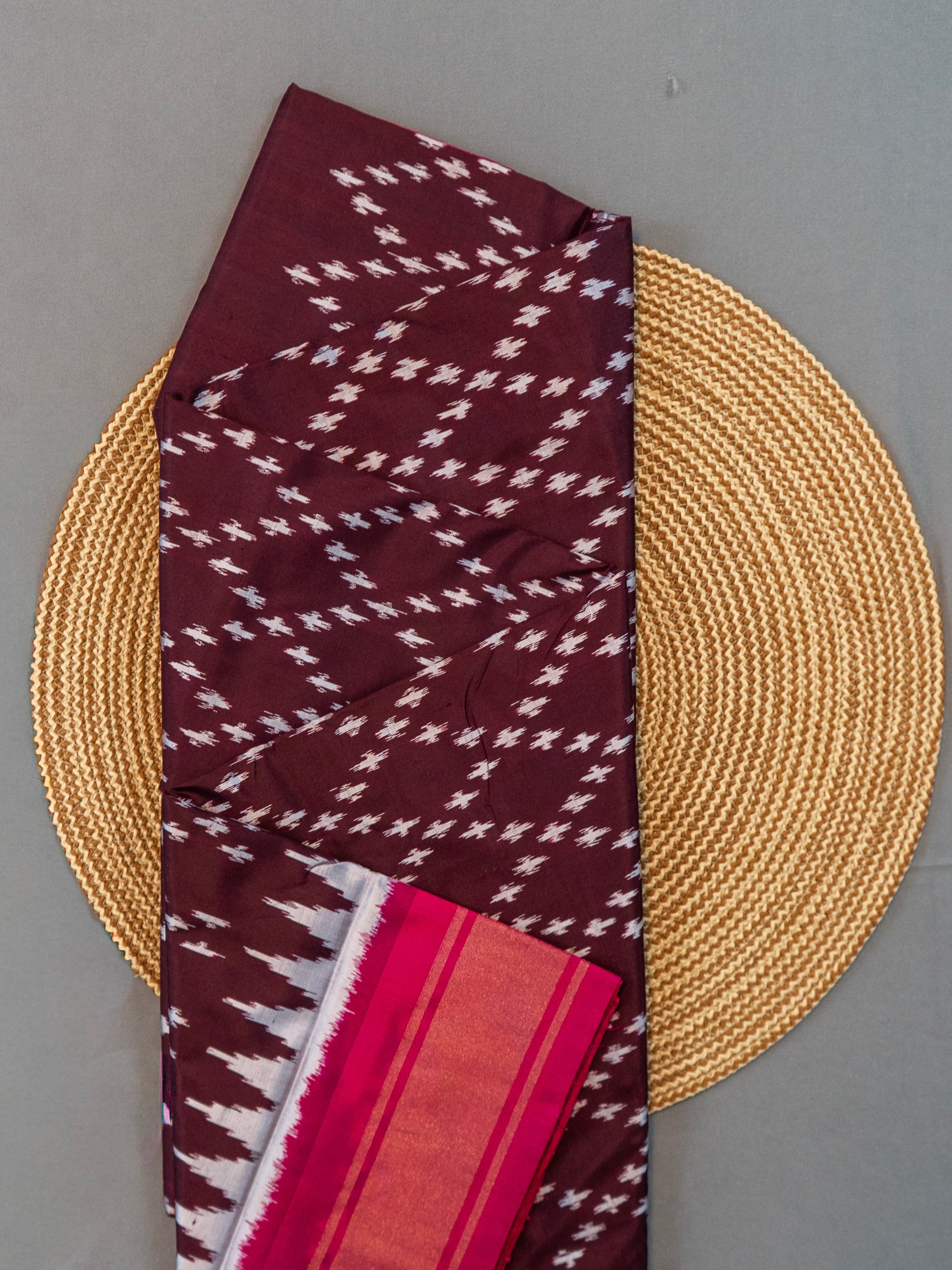 Pure Pochampally Silk Saree in Brown with Ikat Weaving & Contrast Pink Pallu
