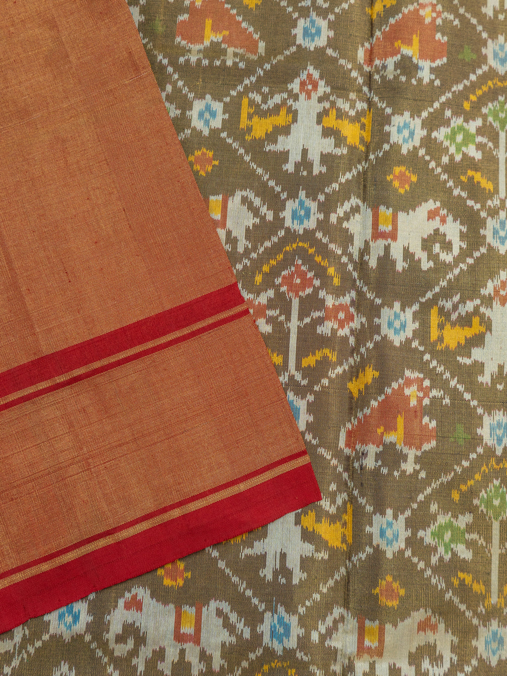 Pure Pochampally Silk Saree in Brown with Gold Zari Sparkle & Orange Ikat Pallu